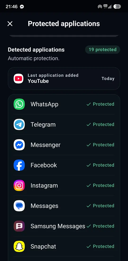 The list of apps detected and protected automatically.