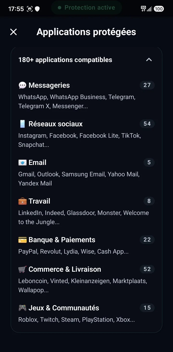 183+ applications protégées, classées par catégorie : messageries, réseaux sociaux, email, banque et paiements