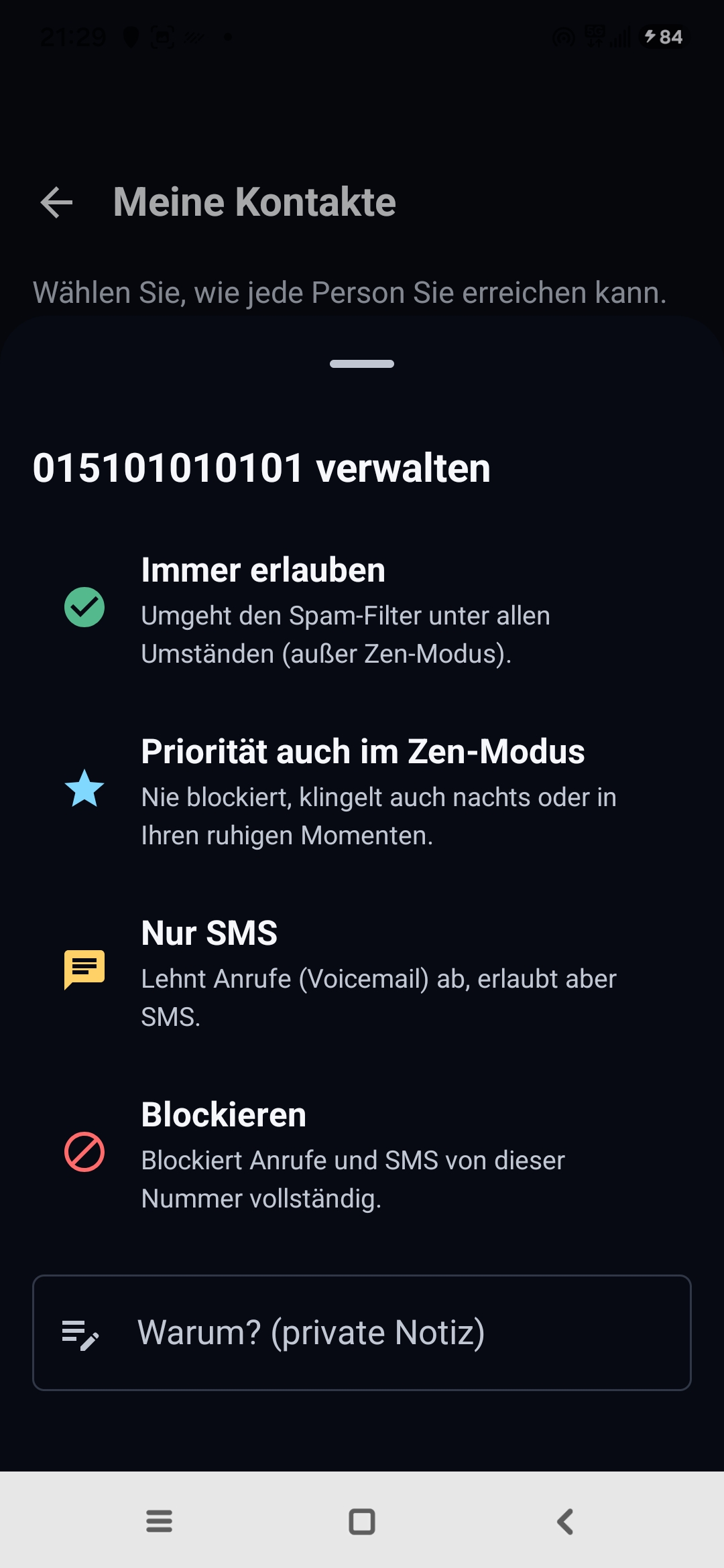 Bildschirm Meine Kontakte von Egidio: Verwaltung einer Nummer mit den Optionen Immer erlauben, Priorität auch im Zen-Modus, Nur SMS, Blockieren