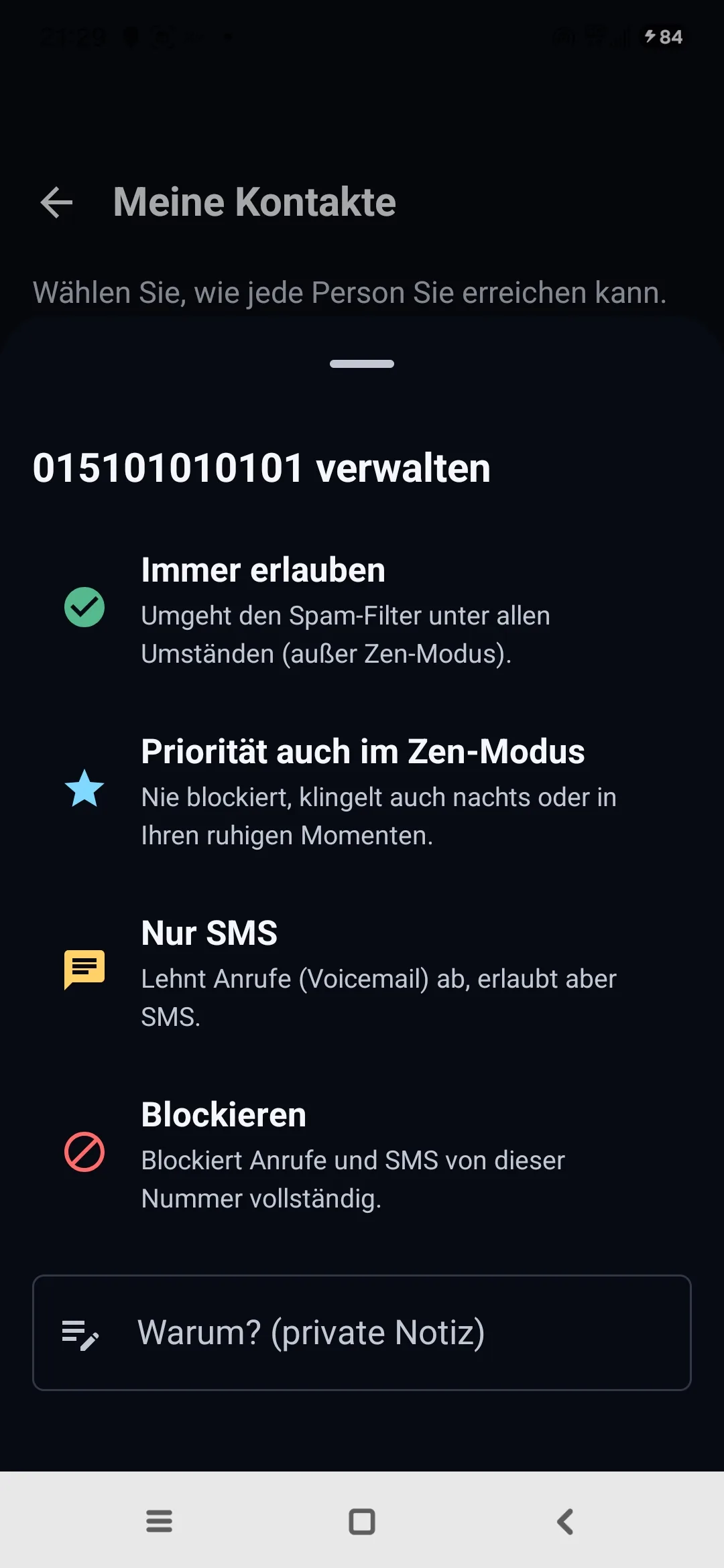 Bildschirm Meine Kontakte von Egidio: für jede Nummer Immer erlauben, Priorität auch im Zen-Modus, oder Blockieren wählen