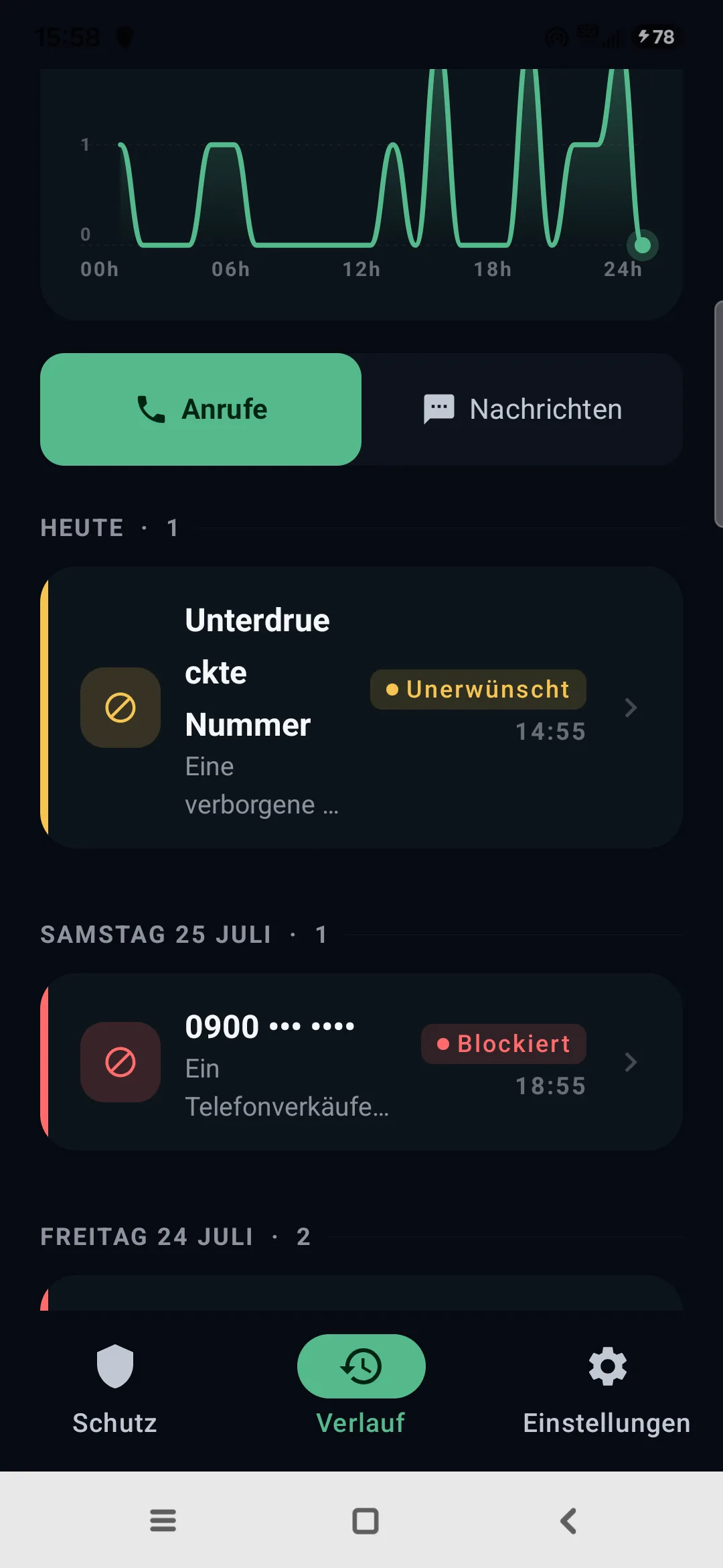 Anrufverlauf in der App Egidio: eine maskierte Nummer als „Unerwünscht