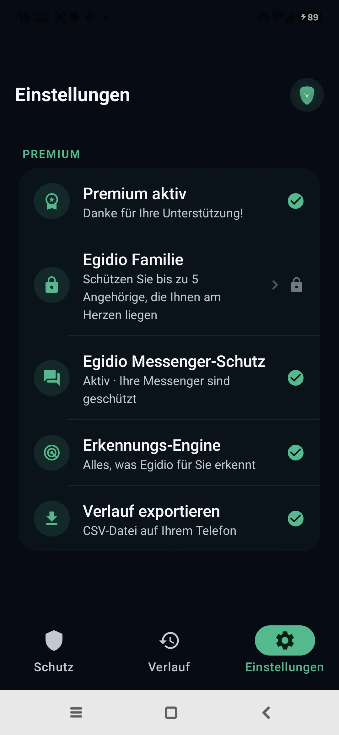 Egidio-Einstellungen: Premium aktiv, Familienmodus, geschützter Messenger, Erkennungs-Engine