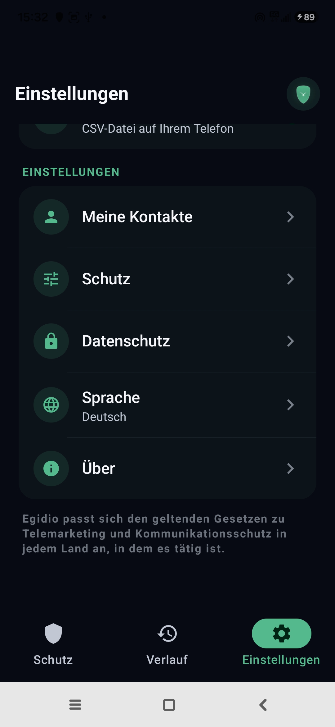 Egidio-Einstellungen: Kontakte, Schutz, Datenschutz, Sprache, Über die App