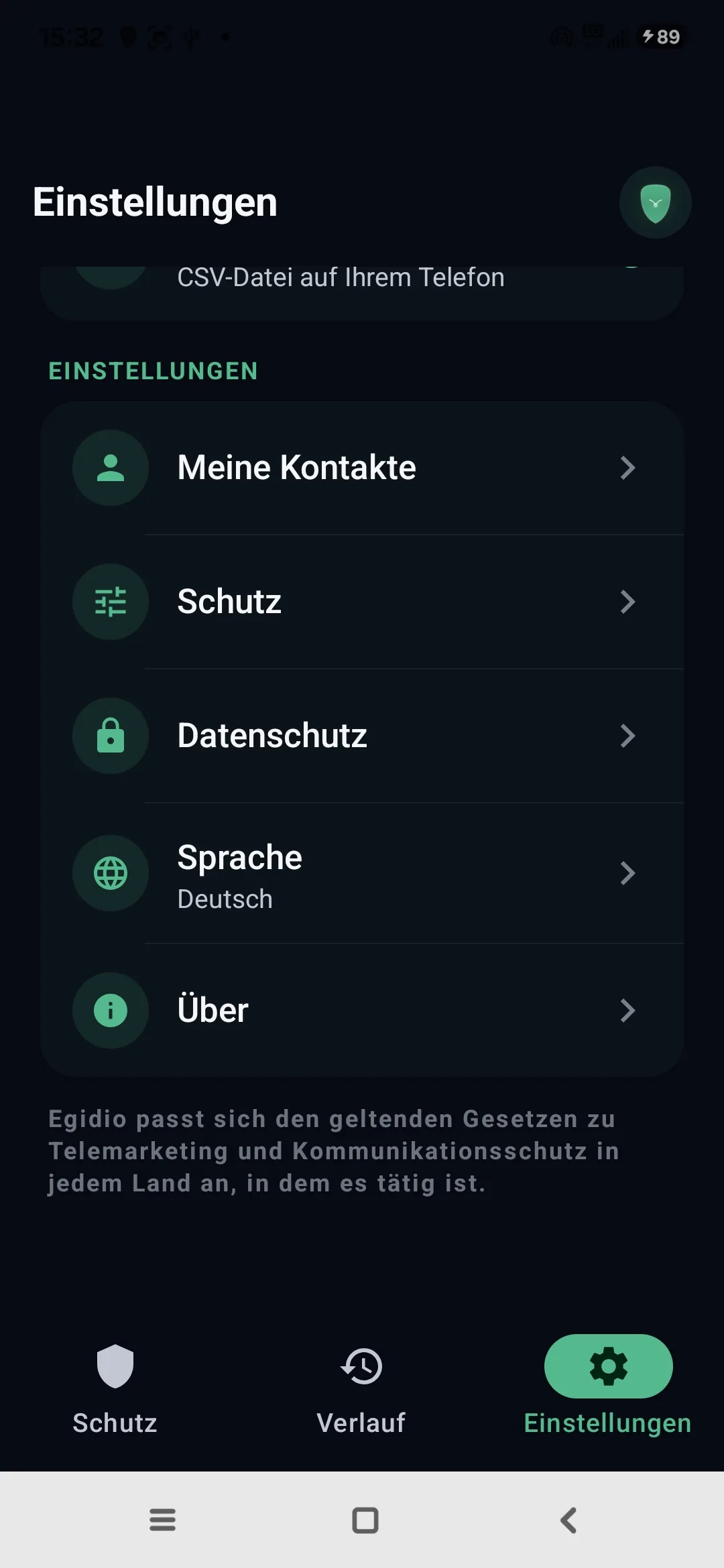 Egidio-Einstellungen: Kontakte, Schutz, Datenschutz, Sprache, Über die App