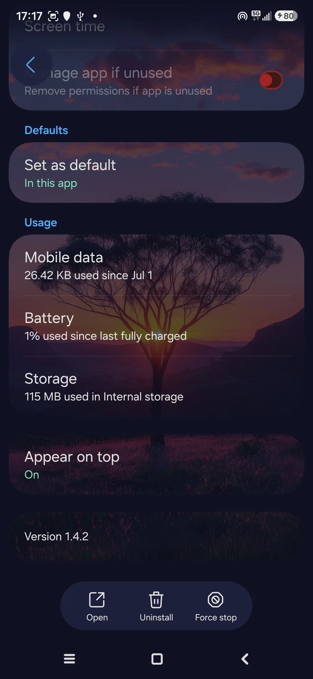 Android App Info screen for Egidio: battery used 1% since last full charge