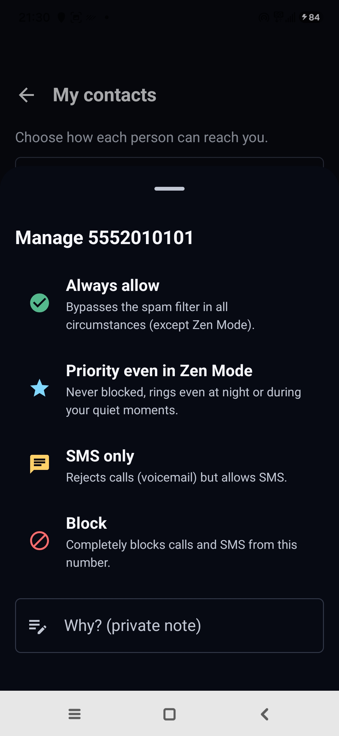 Egidio My contacts screen: managing a number with the options Always allow, Priority even in Zen Mode, SMS only, Block