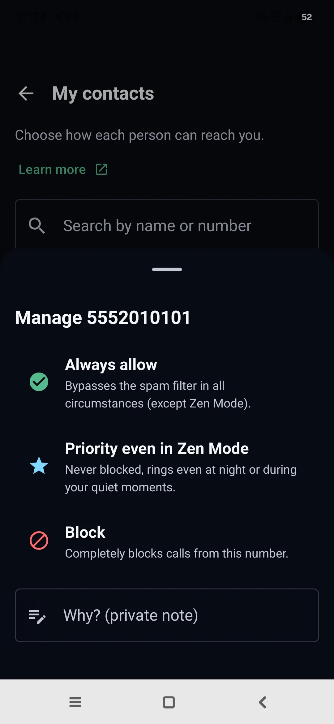 Egidio My contacts screen: Always allow, Priority even in Zen Mode, or Block, for each number