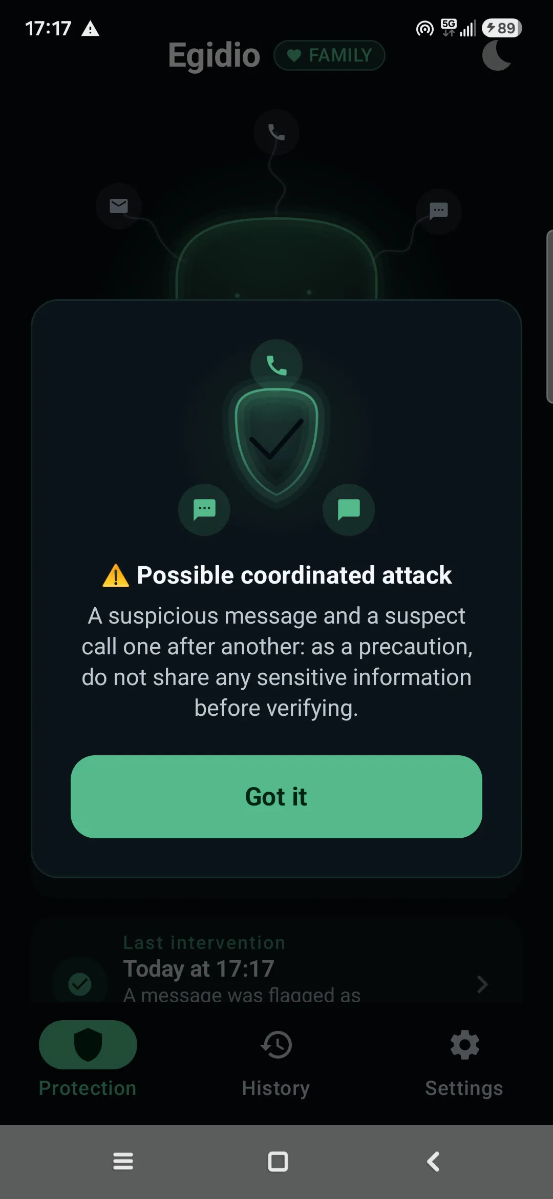 Egidio notification: Possible coordinated attack — a suspicious message and a suspect call one after another