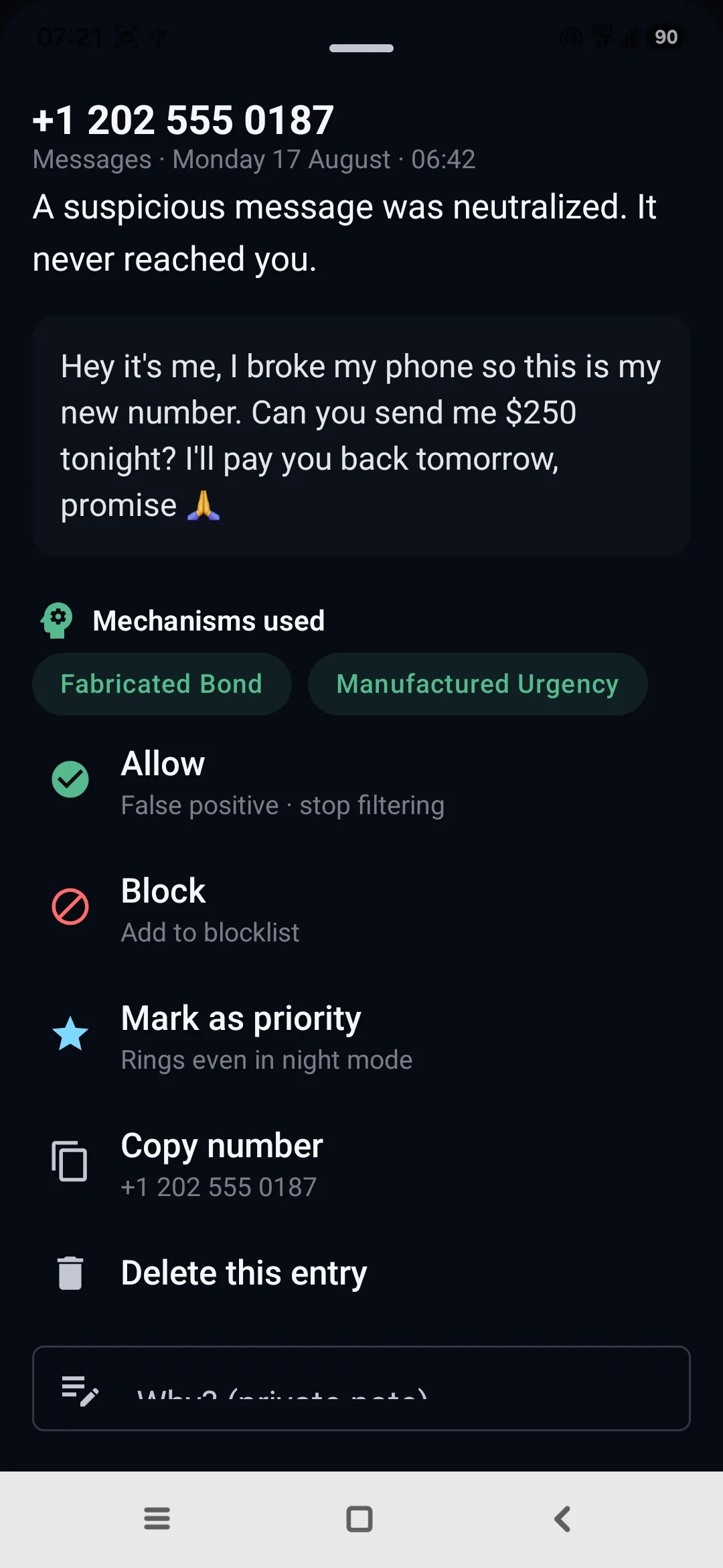 Detail of an interception in Egidio: the impersonation scam message, the mechanisms used (fabricated bond, manufactured urgency) and the available actions — allow, block, mark as priority