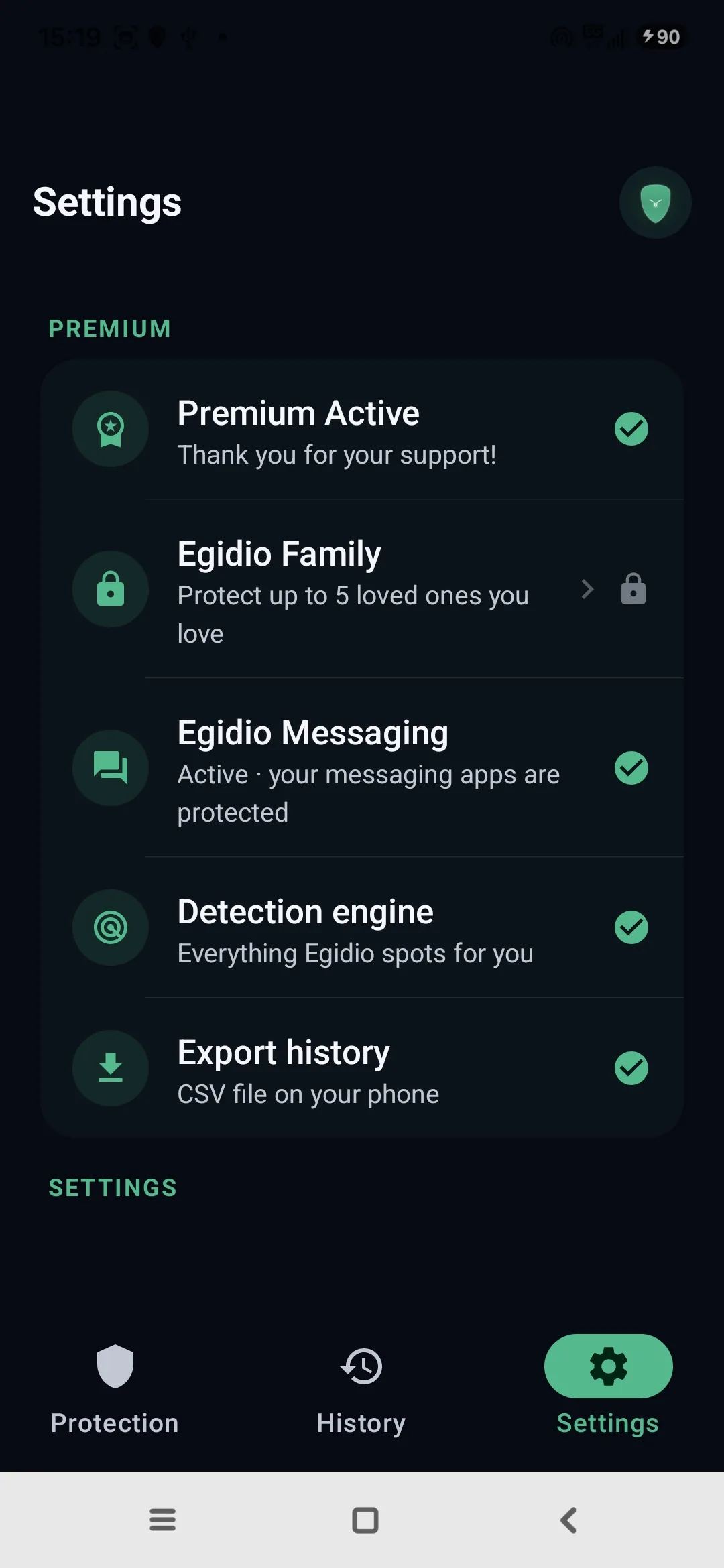 Egidio settings: Premium active, Family mode, protected messaging, detection engine