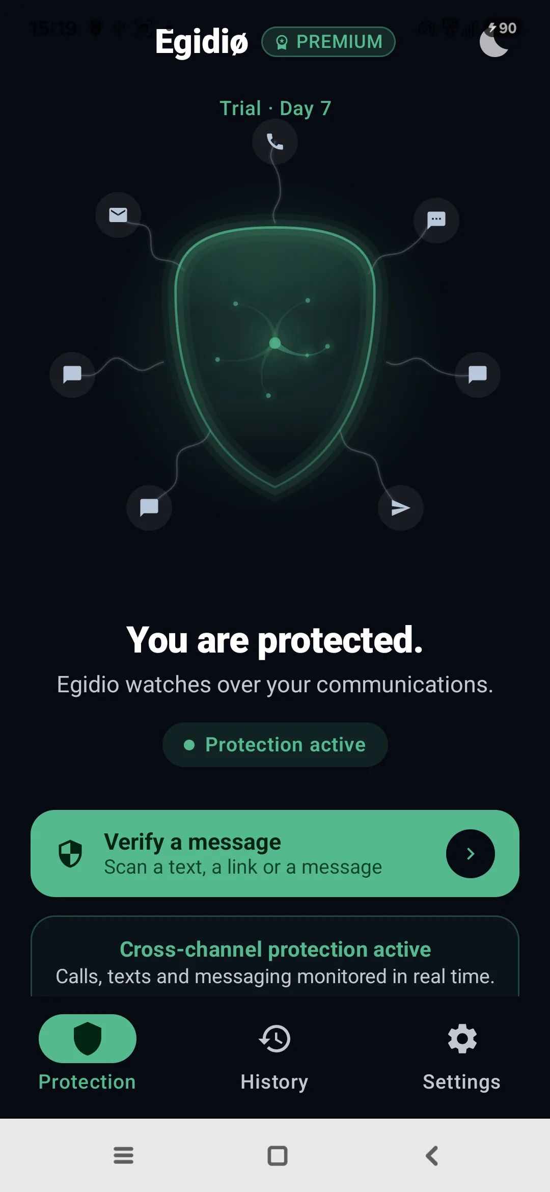 Egidio settings: contacts, protection, privacy, language, about