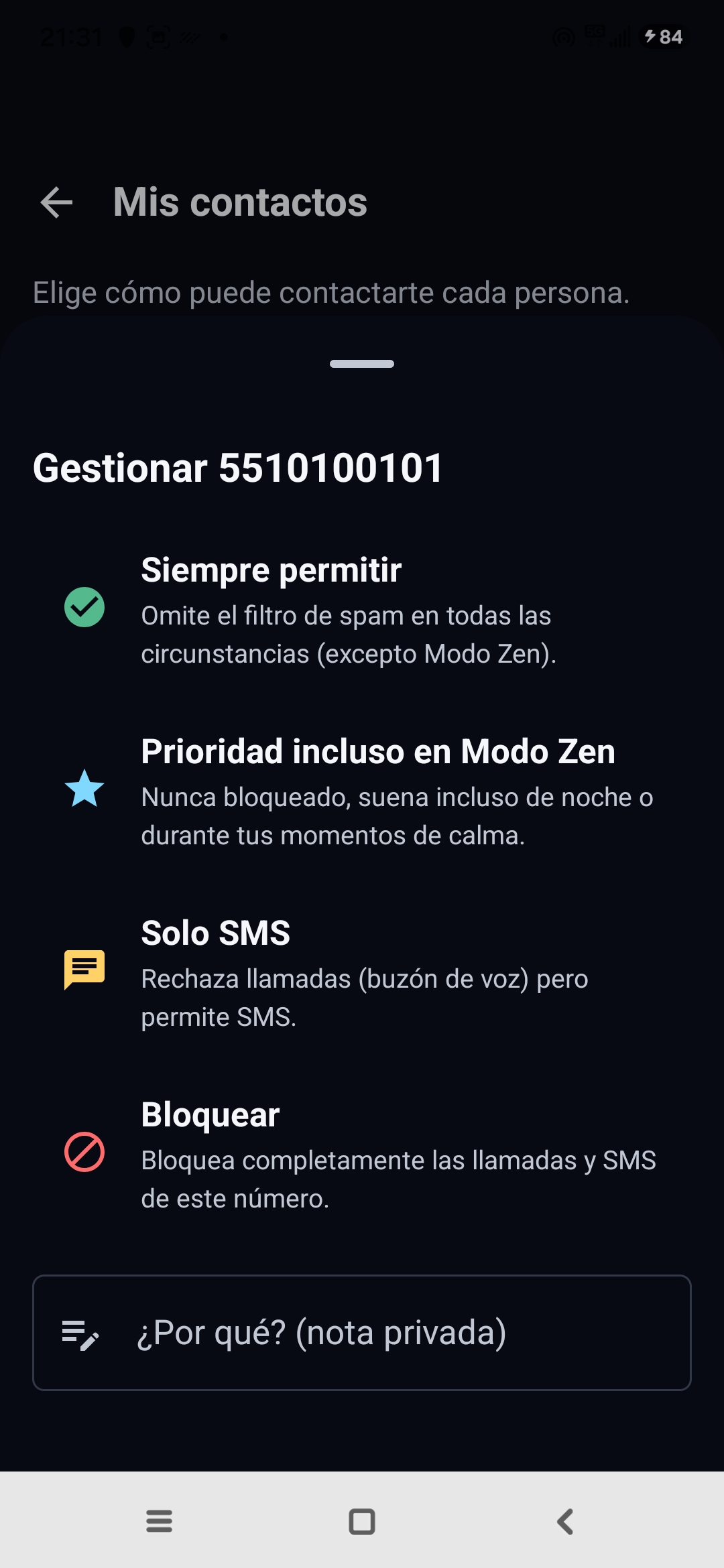 Pantalla Mis contactos de Egidio: gestión de un número con las opciones Siempre permitir, Prioridad incluso en Modo Zen, Solo SMS, Bloquear