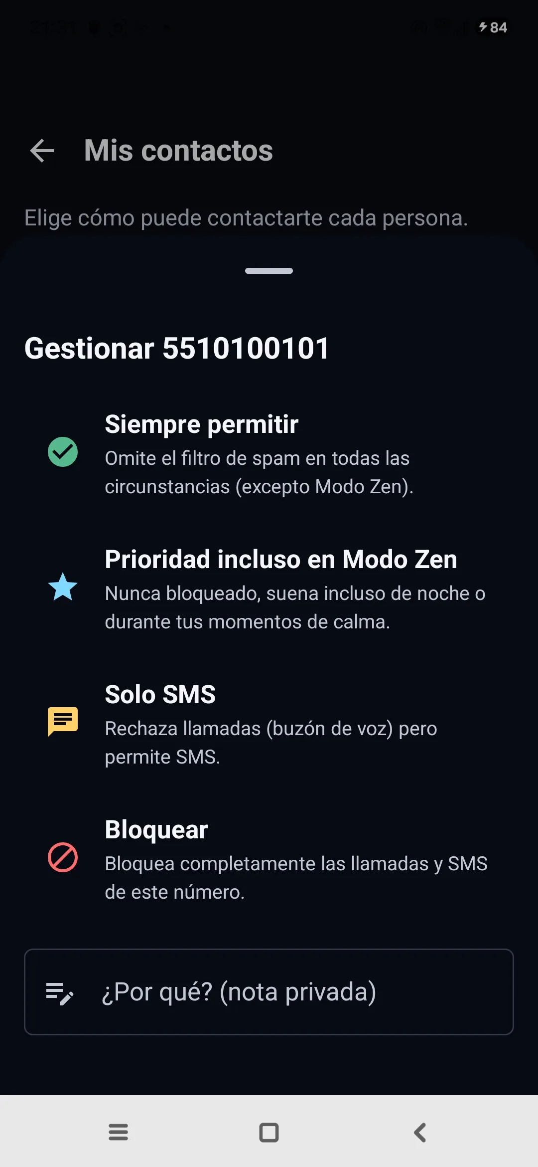 Pantalla Mis contactos de Egidio: para cada número, Siempre permitir, Prioridad incluso en Modo Zen, o Bloquear