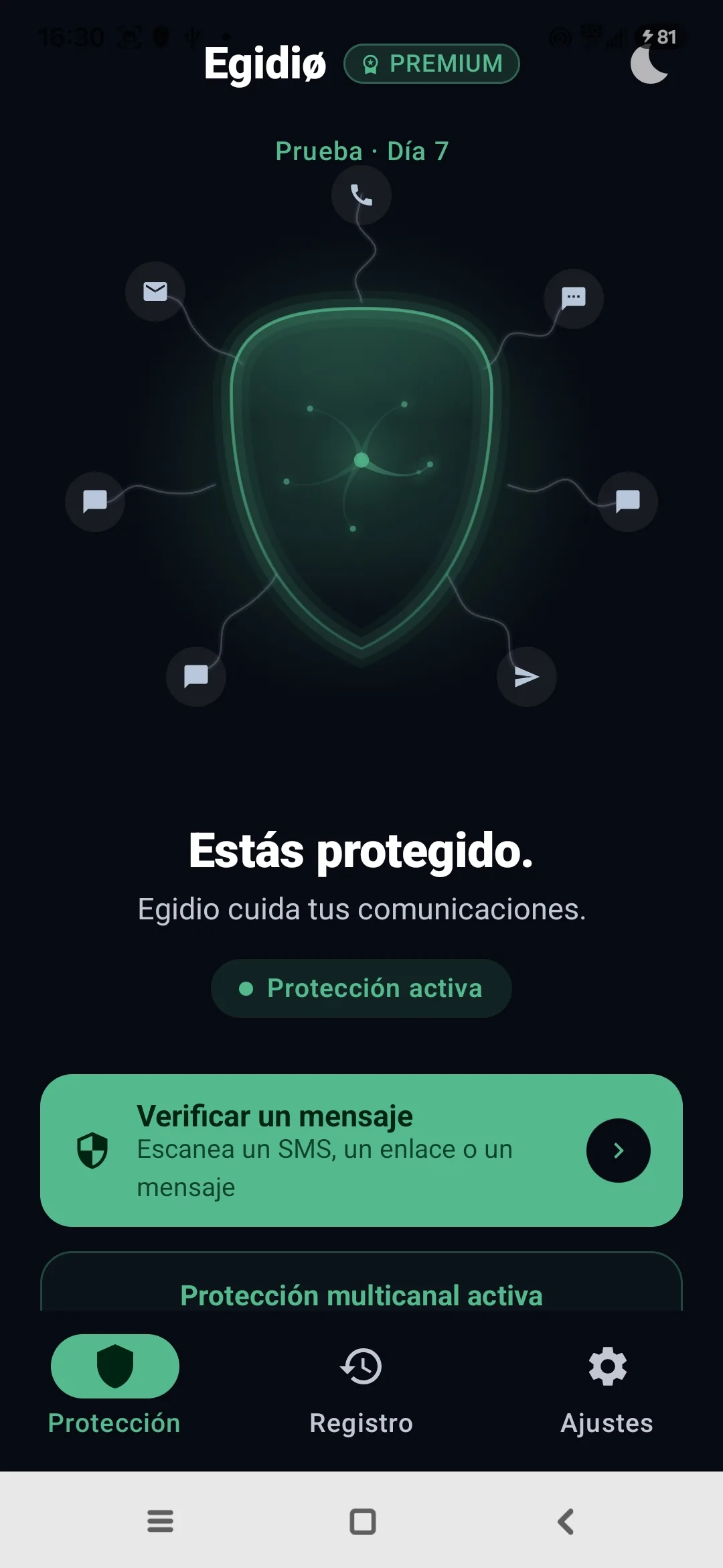 Pantalla de inicio real de la app Egidio, con el escudo Medusa activo