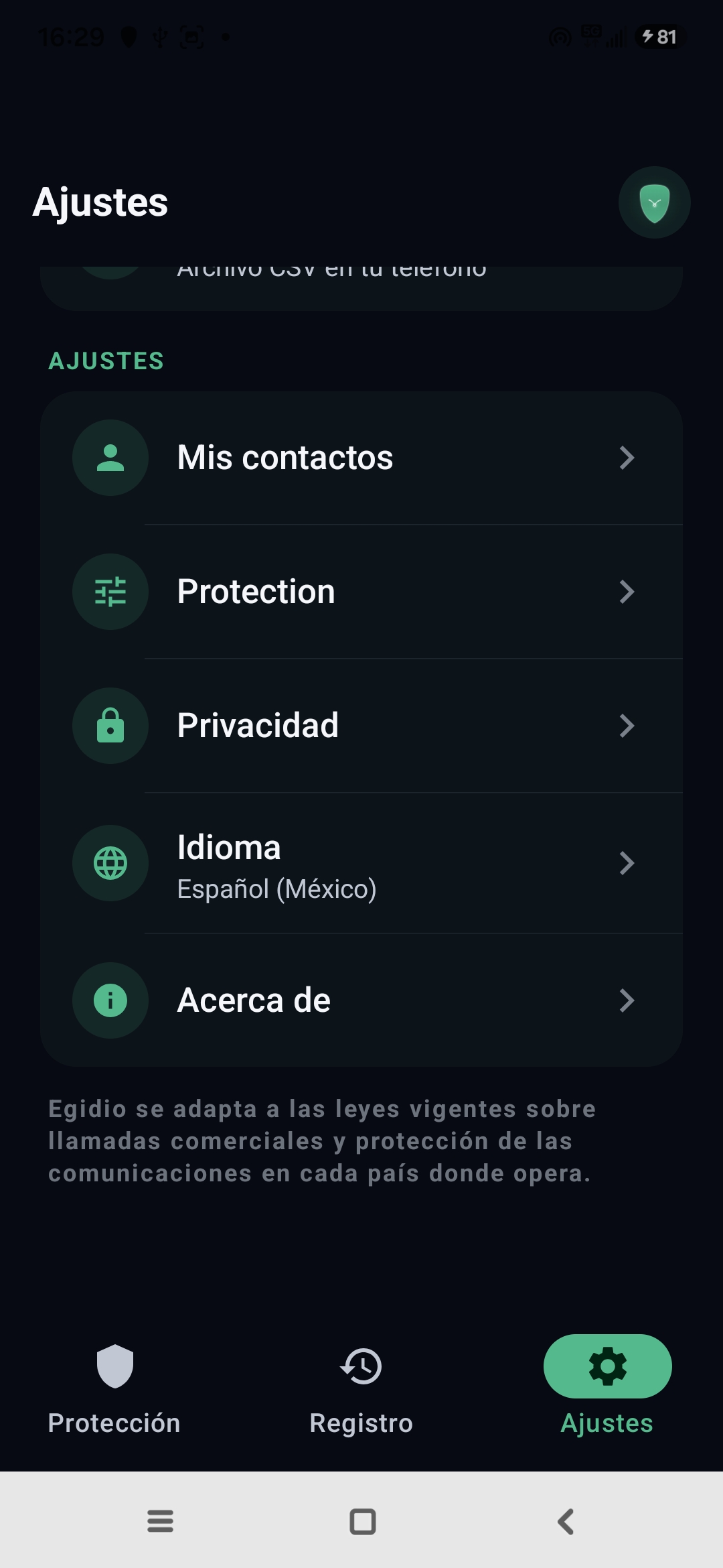 Ajustes de Egidio: contactos, protección, privacidad, idioma, acerca de