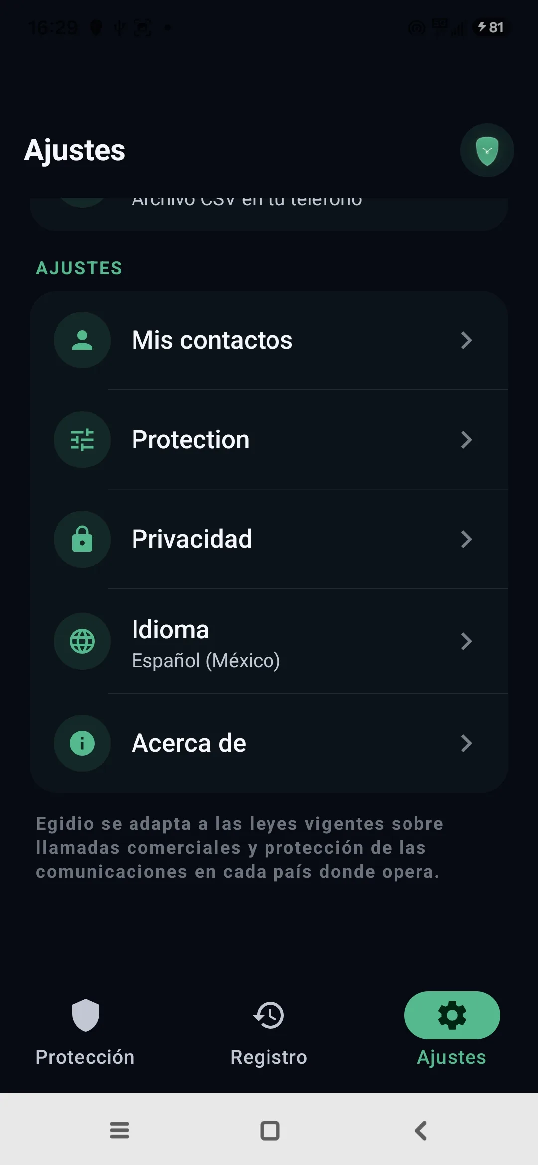Ajustes de Egidio: contactos, protección, privacidad, idioma, acerca de