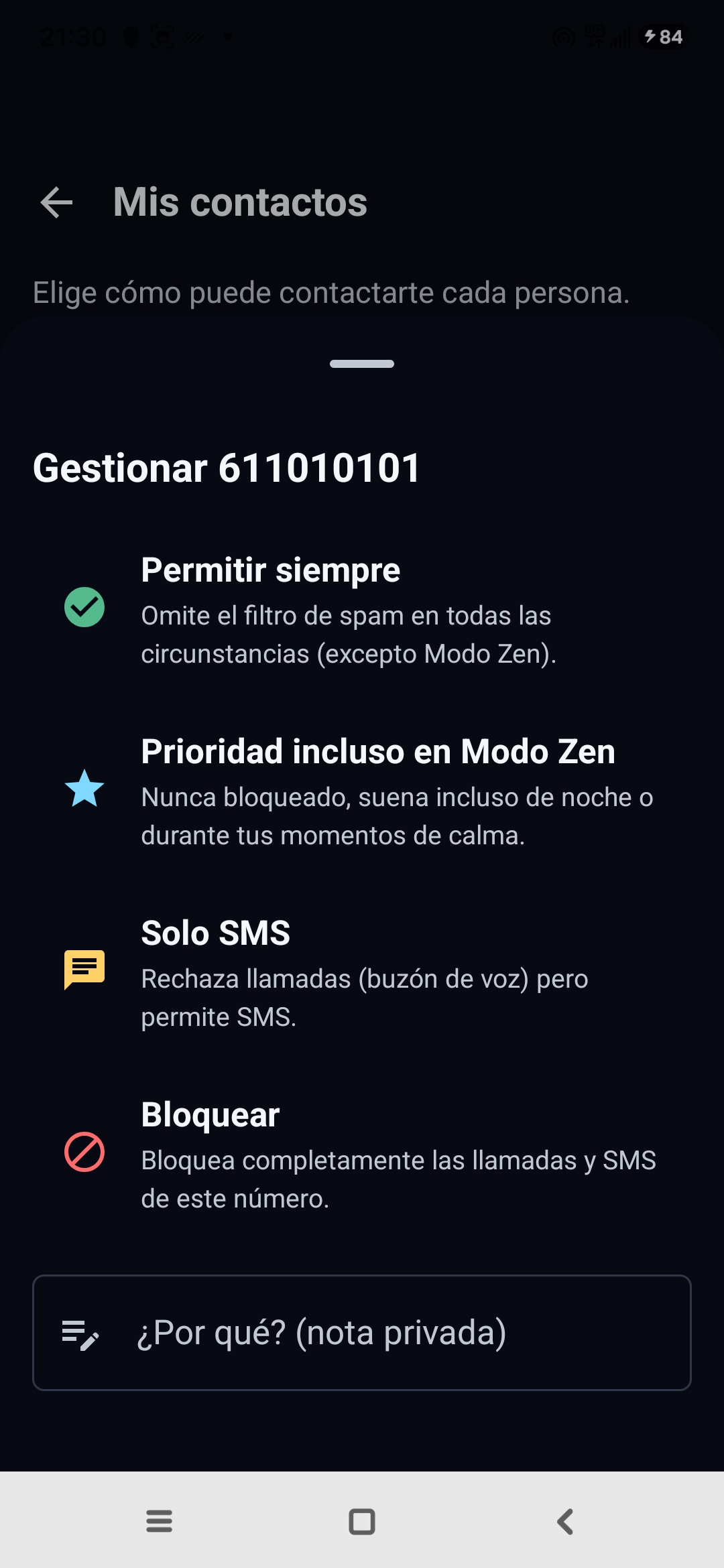 Pantalla Mis contactos de Egidio: gestión de un número con las opciones Permitir siempre, Prioridad incluso en Modo Zen, Solo SMS, Bloquear