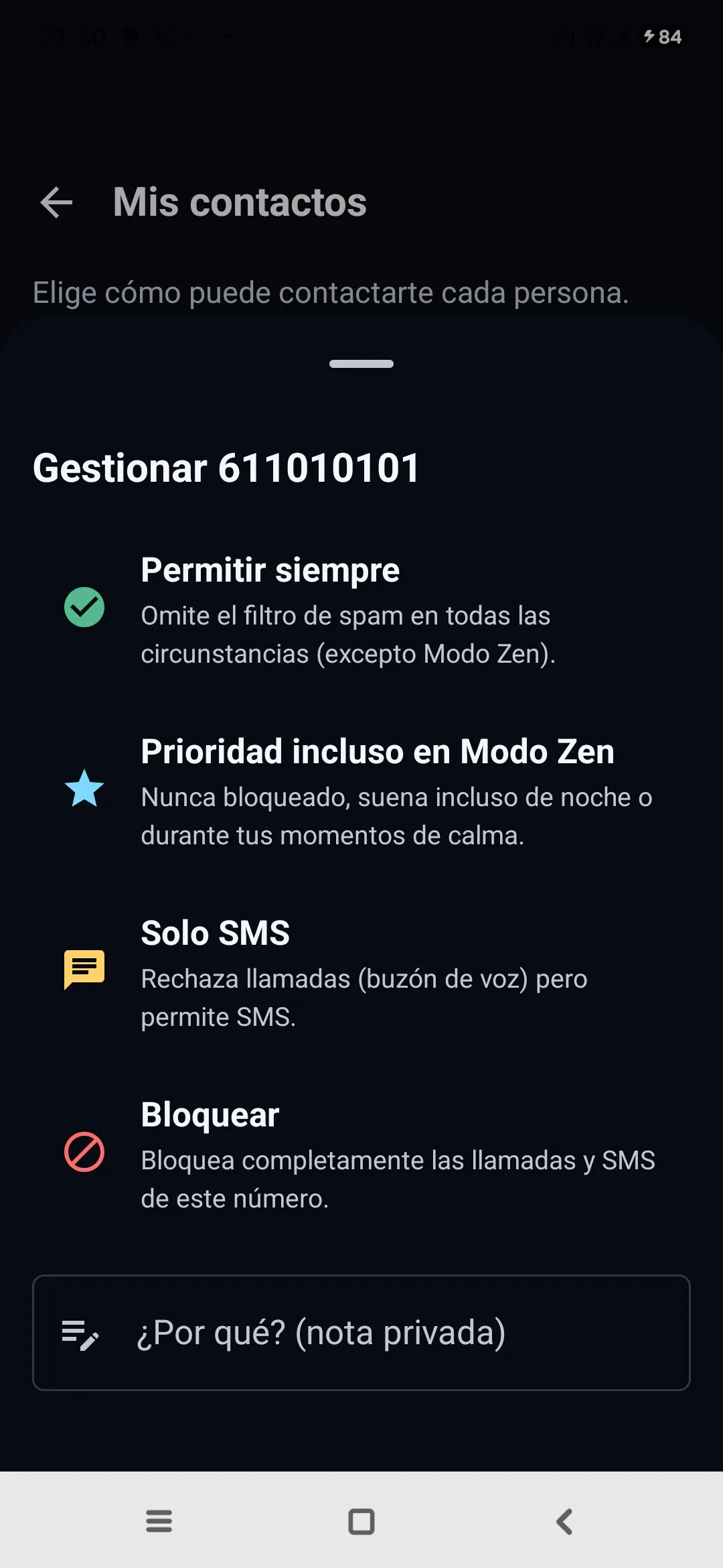 Pantalla Mis contactos de Egidio: para cada número, Permitir siempre, Prioridad incluso en Modo Zen, o Bloquear
