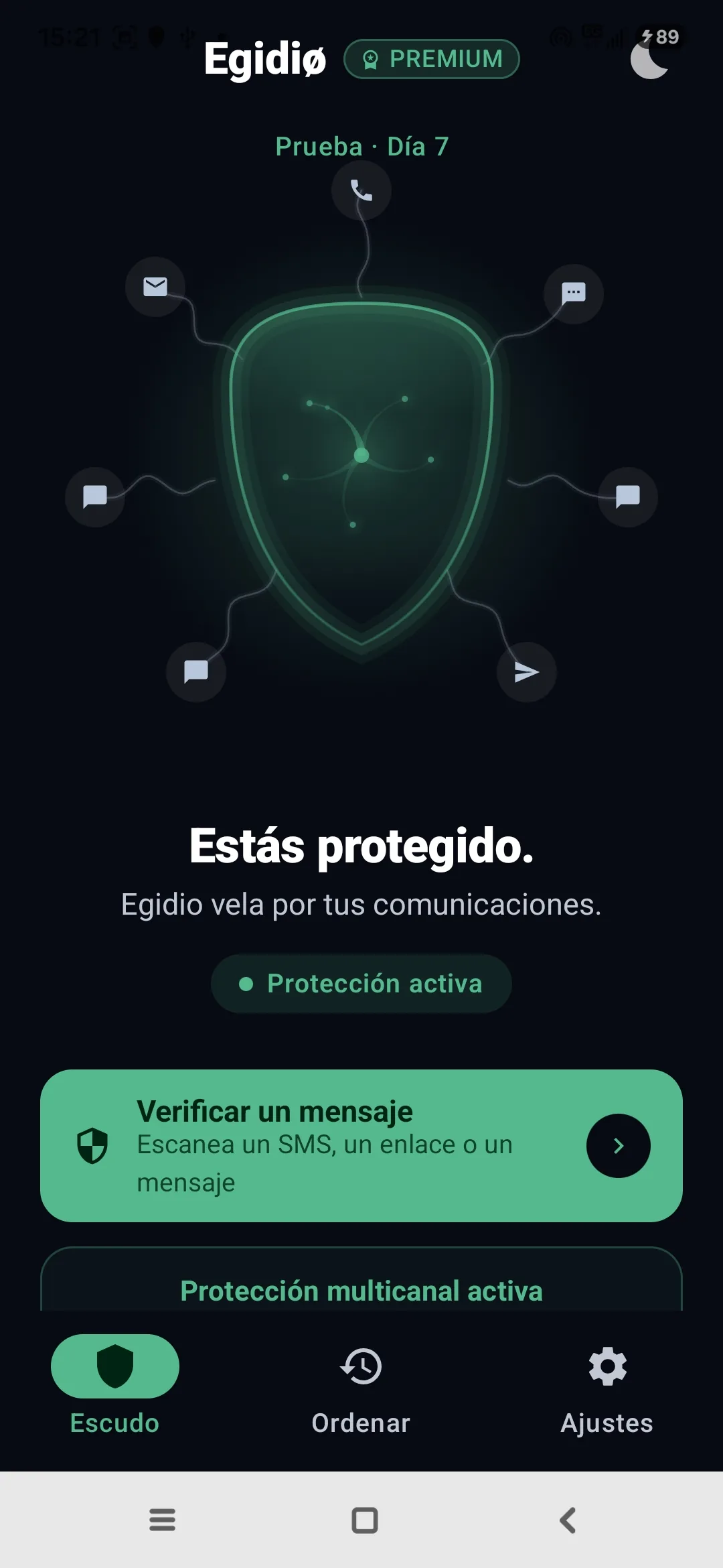 Pantalla de inicio real de la app Egidio, con el escudo Medusa activo