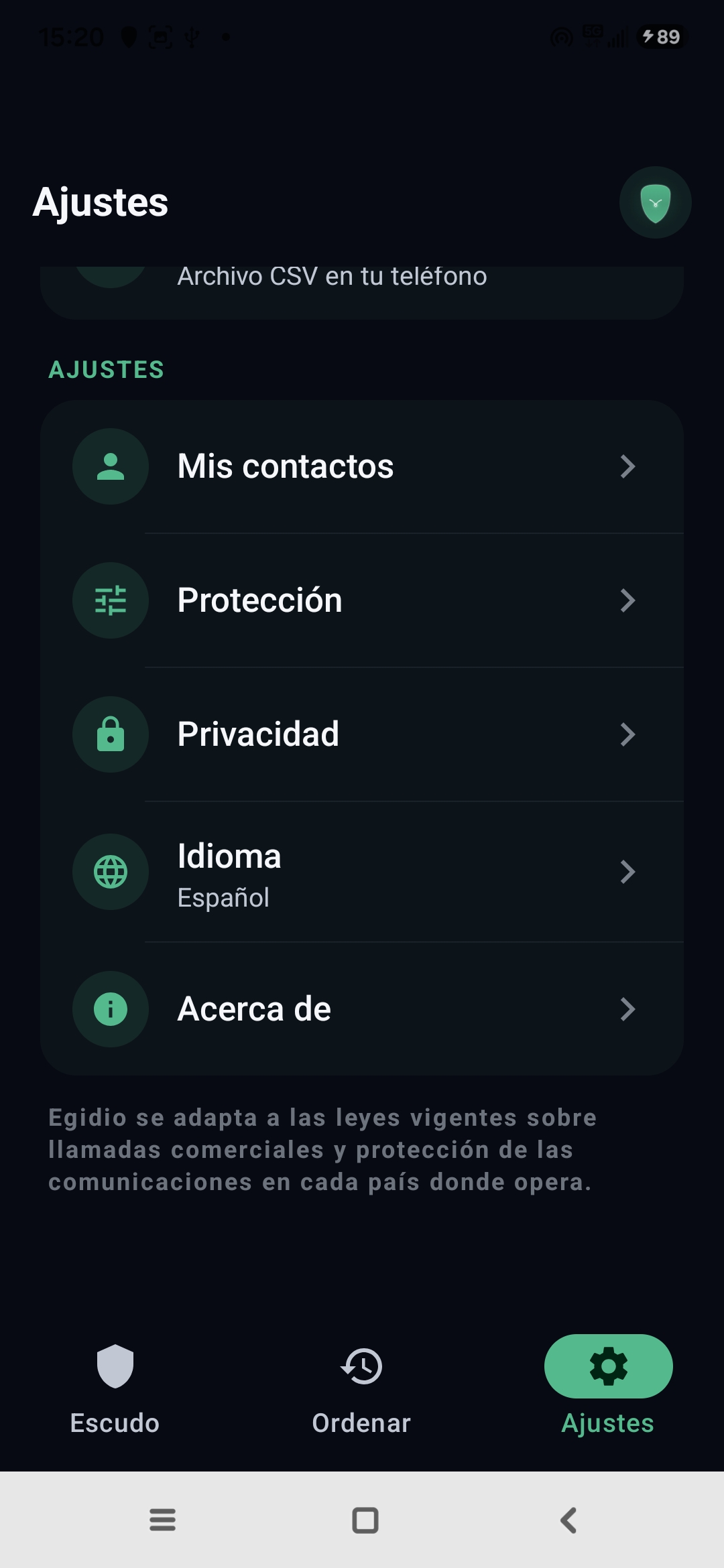 Ajustes de Egidio: contactos, protección, privacidad, idioma, acerca de