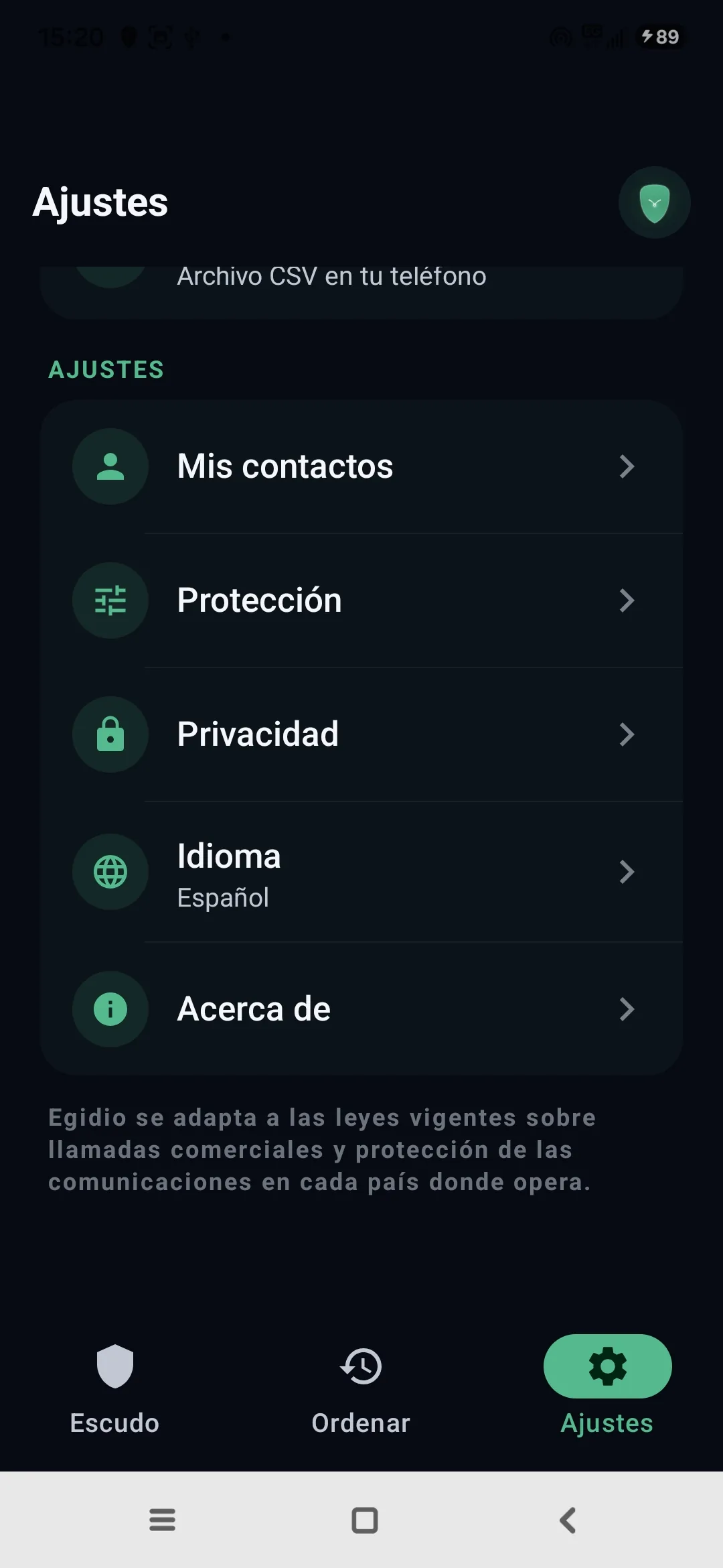 Ajustes de Egidio: contactos, protección, privacidad, idioma, acerca de