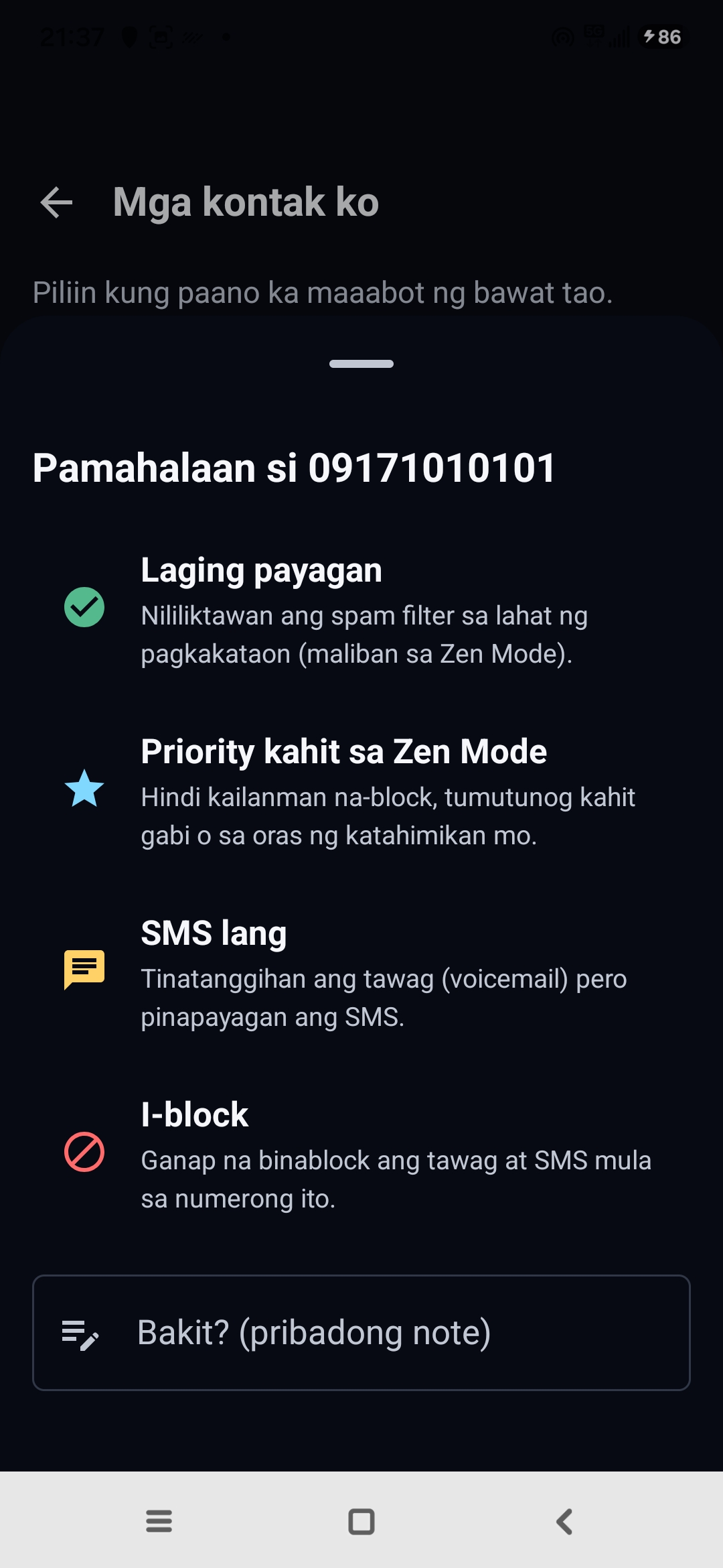 Screen na Mga kontak ko ng Egidio: pamamahala ng isang numero na may mga opsyong Laging payagan, Priority kahit sa Zen Mode, SMS lang, I-block