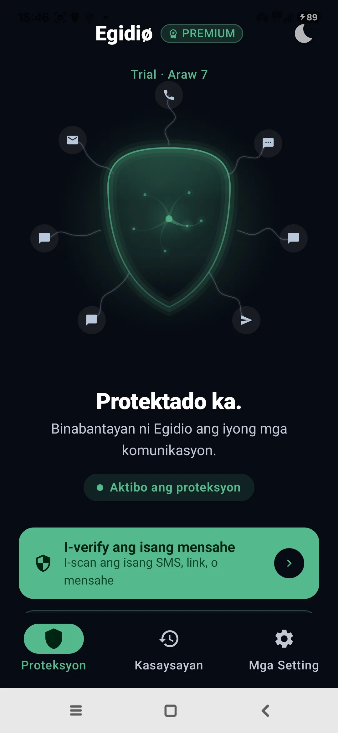 Tunay na home screen ng Egidio app, na may aktibong Medusa shield
