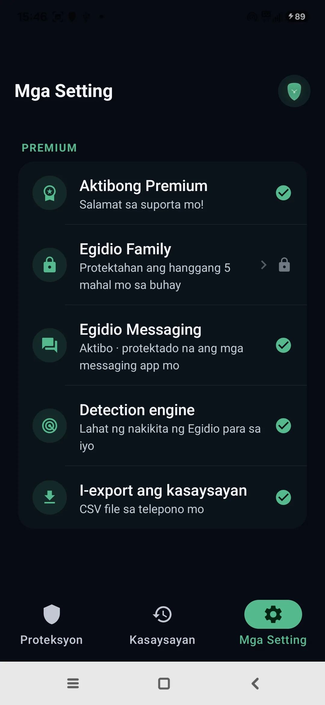 Mga setting ng Egidio: aktibong Premium, Family mode, protektadong messaging, detection engine