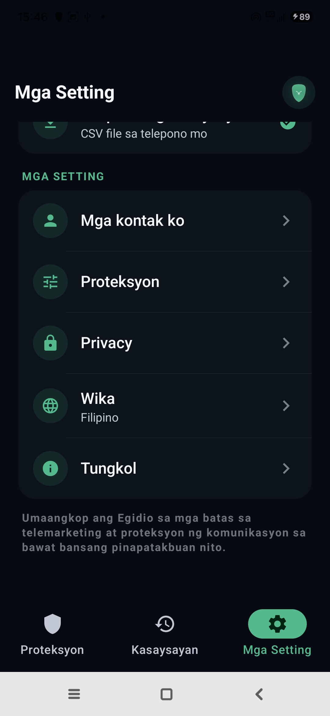 Mga setting ng Egidio: contacts, proteksyon, privacy, wika, tungkol sa app