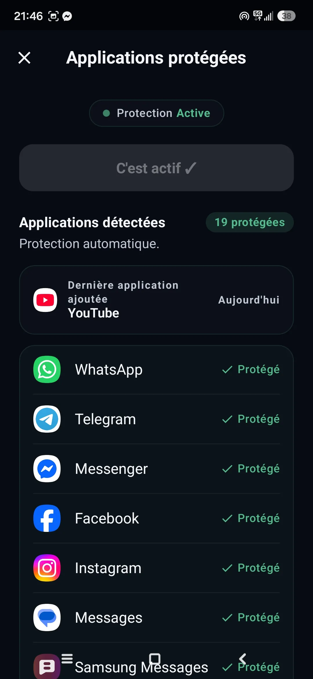 Écran Applications protégées d'Egidio : WhatsApp, Telegram, Messenger, Facebook, Instagram détectées et protégées automatiquement