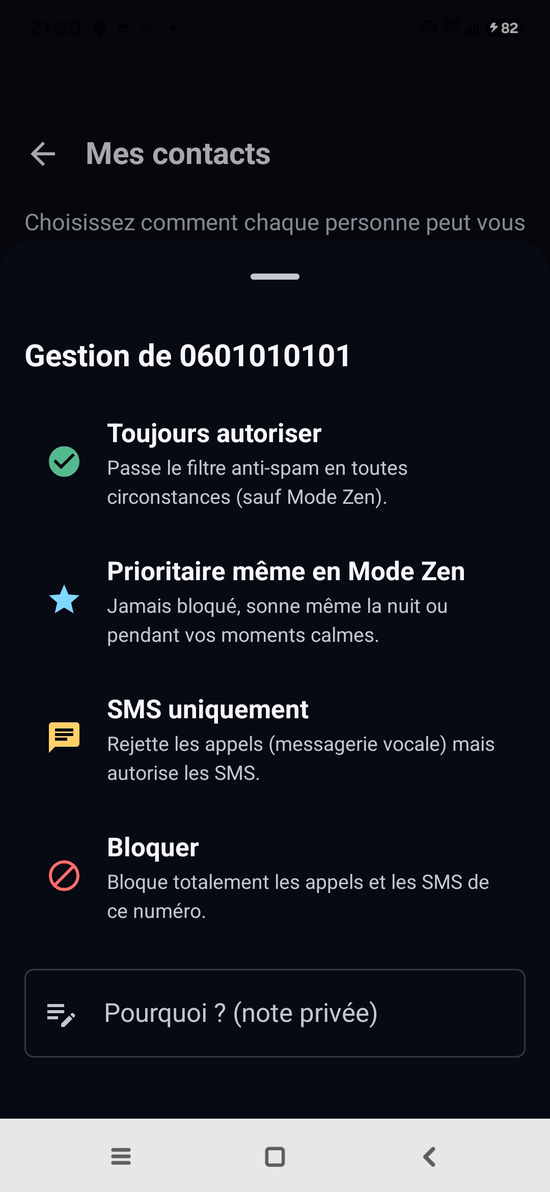 Écran Mes contacts d'Egidio : gestion d'un numéro avec les options Toujours autoriser, Prioritaire même en Mode Zen, SMS uniquement, Bloquer