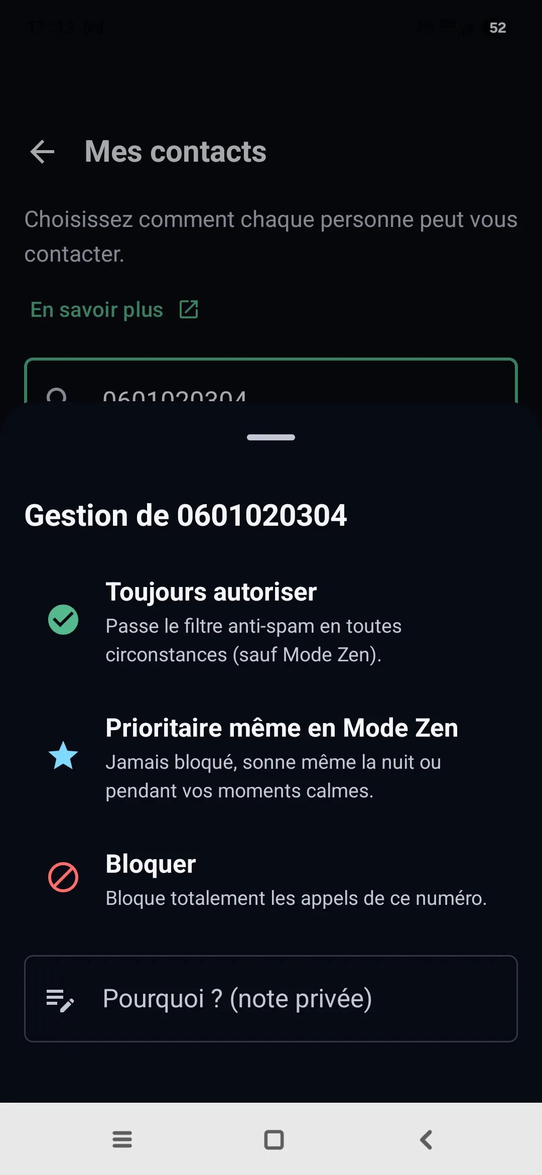 Écran Mes contacts d'Egidio : pour chaque numéro, toujours autoriser, prioritaire même en Mode Zen, ou bloquer