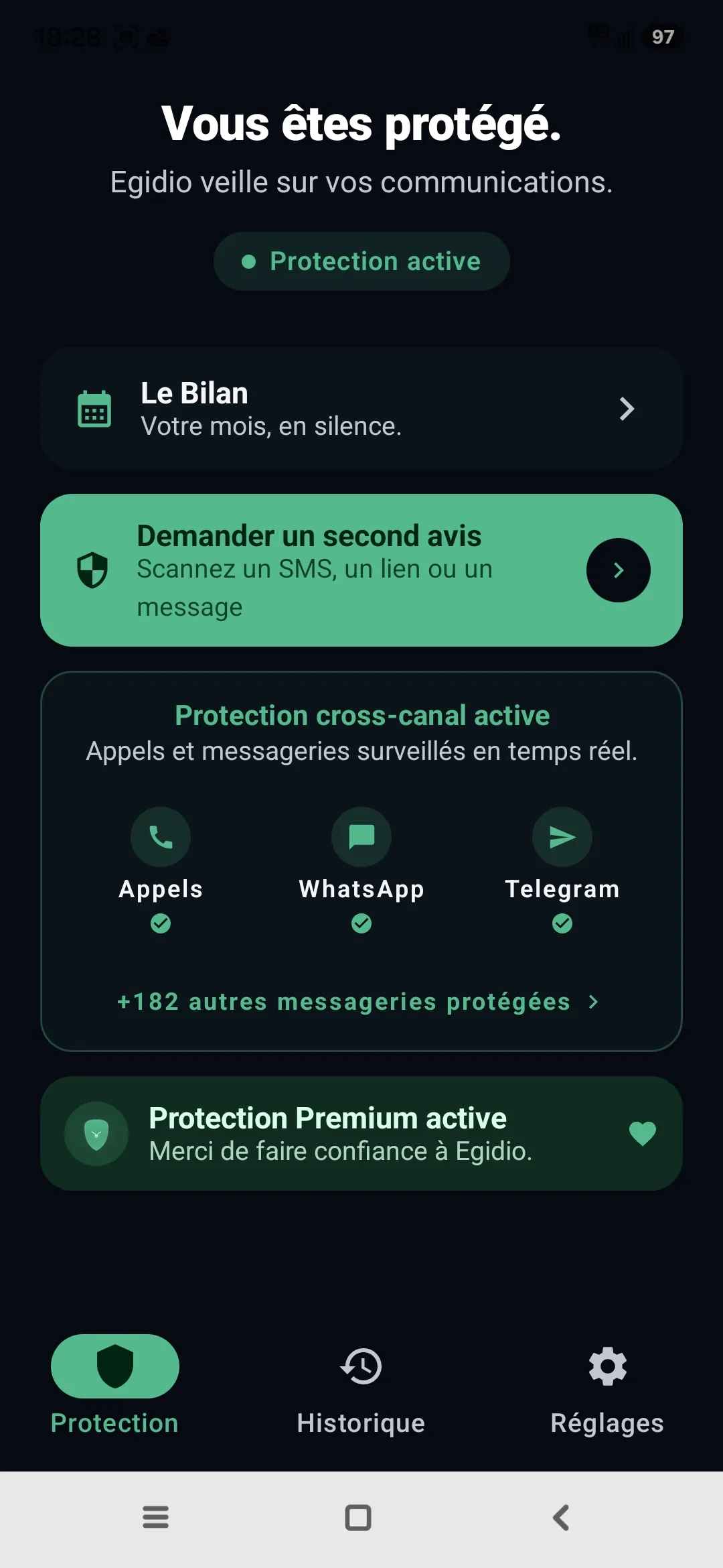 Protection cross-canal active dans Egidio : Appels, WhatsApp et Telegram cochés, lien vers +182 autres messageries protégées