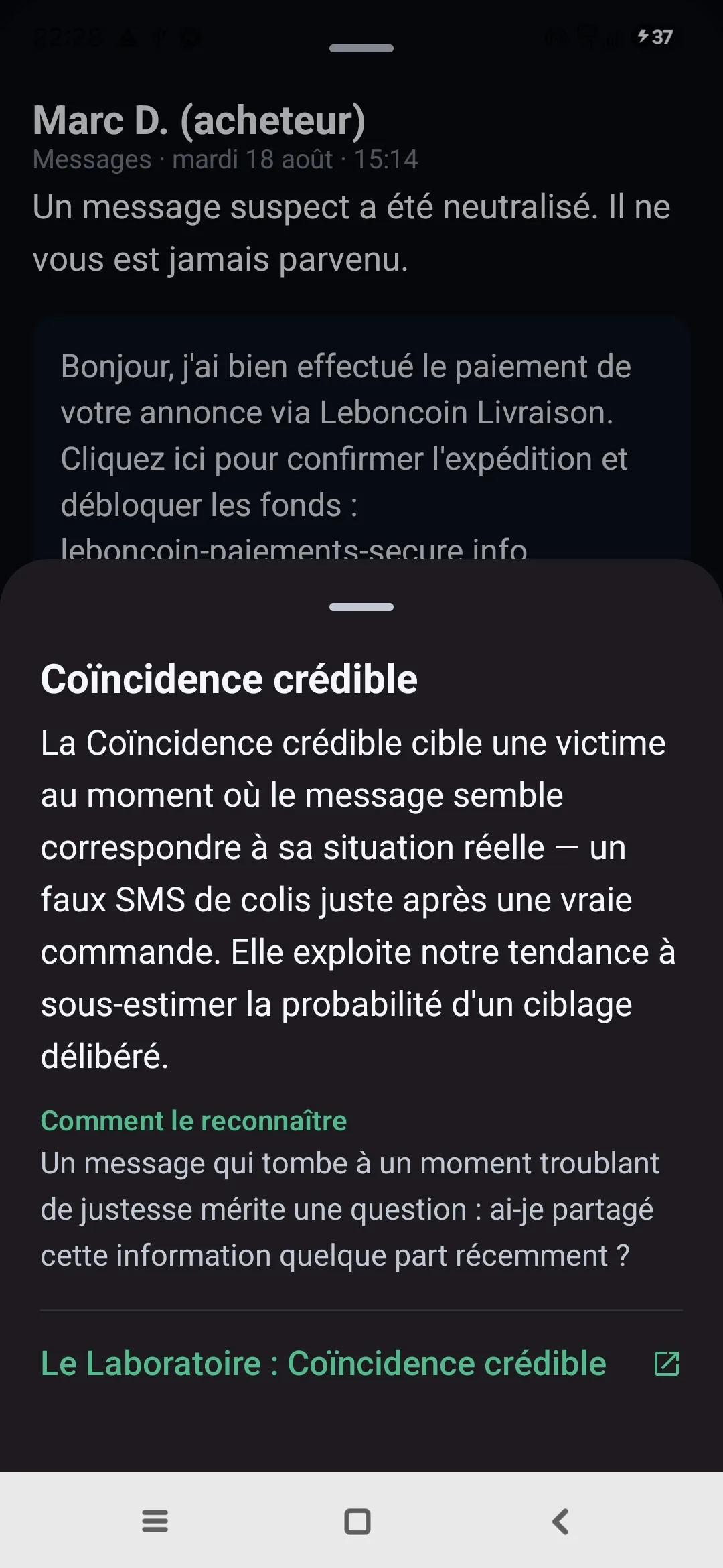 Fiche d'explication d'un mecanisme dans Egidio : « Coincidence credible » definie, « comment le reconnaitre », et un renvoi vers le dossier du Laboratoire des menaces