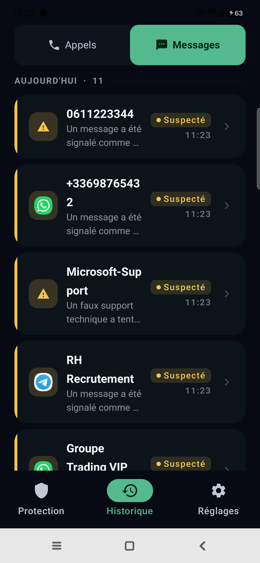 Historique Egidio : exemples réels de messages suspects détectés, faux support technique, faux recrutement