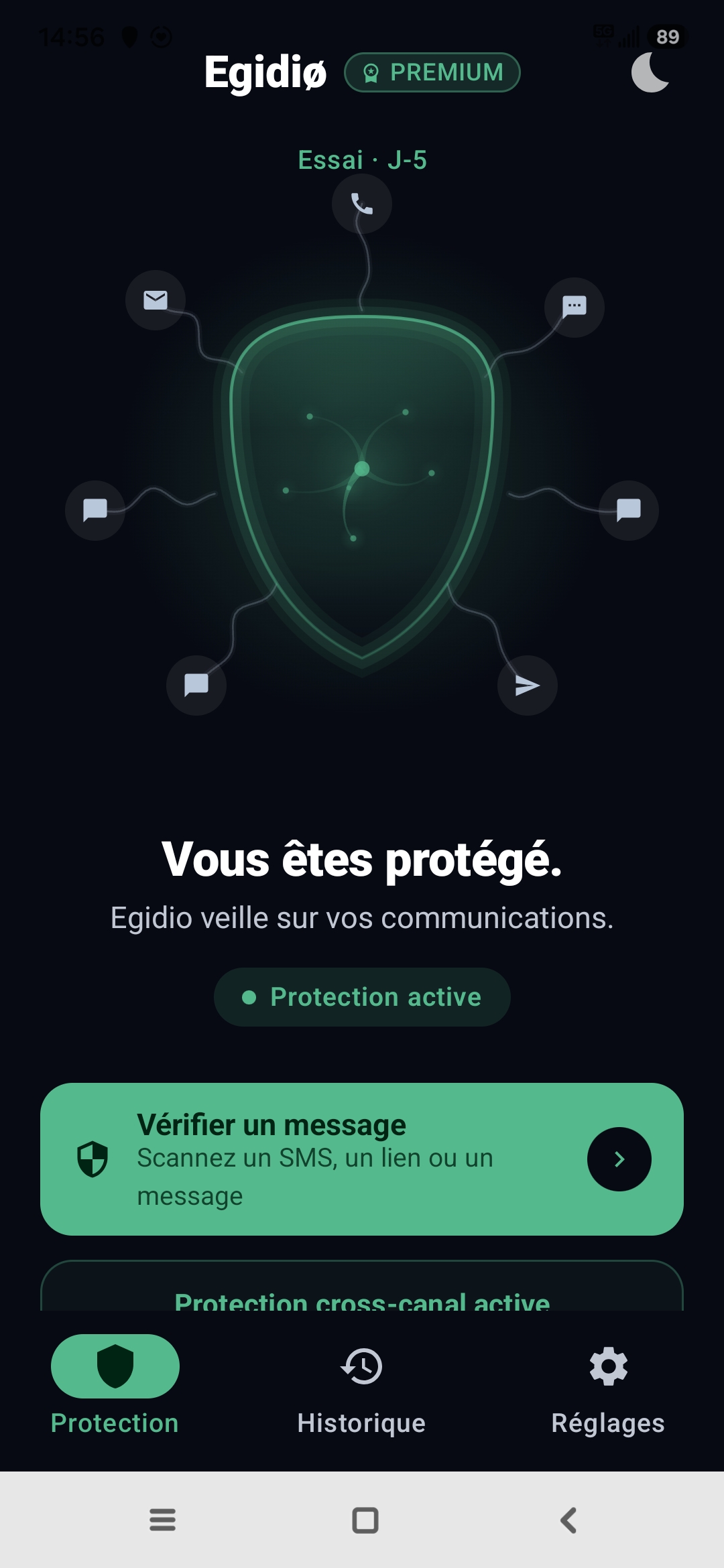 Écran d'accueil réel d'Egidio, avec le bouclier Medusa actif