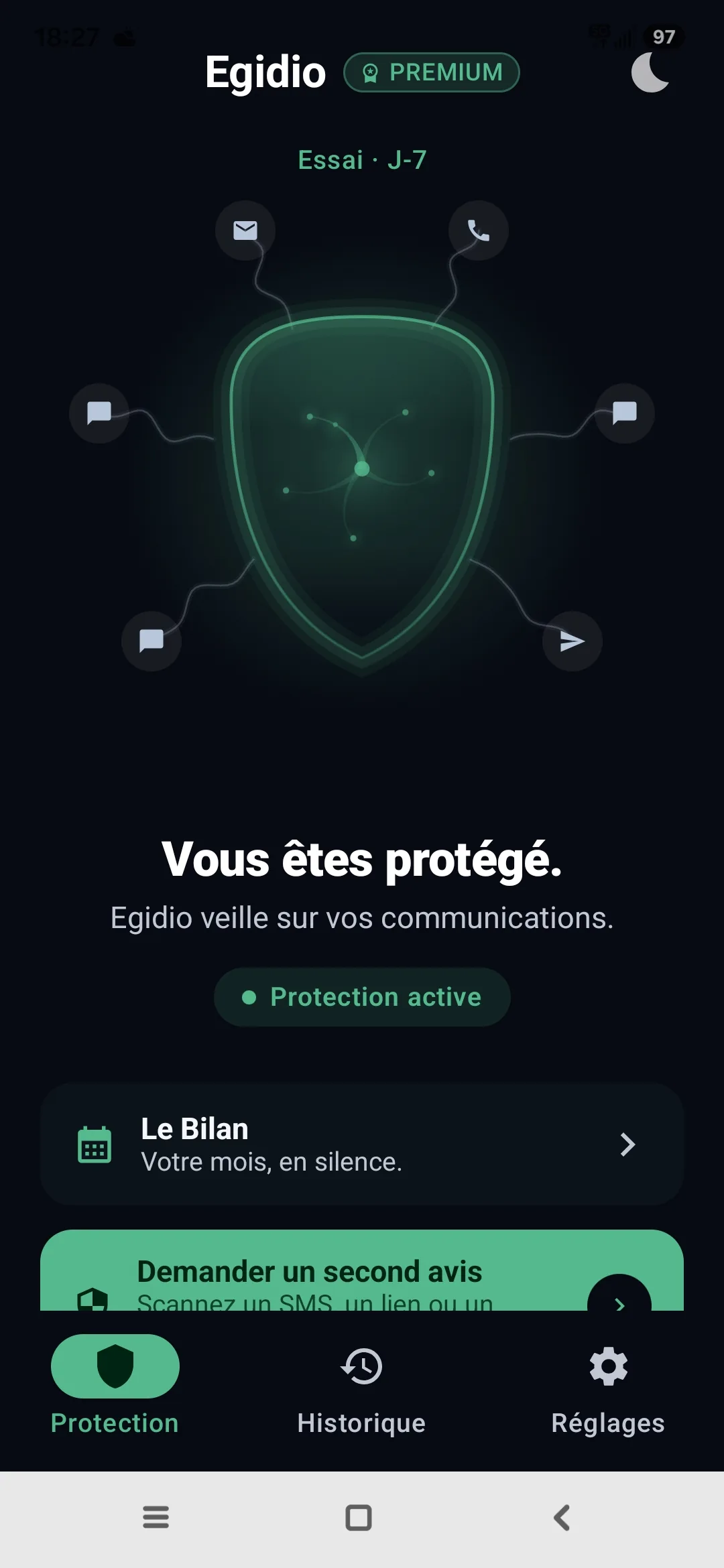 Écran principal d'Egidio : le Bouclier Vivant relié aux canaux, protection active, essai Premium en cours