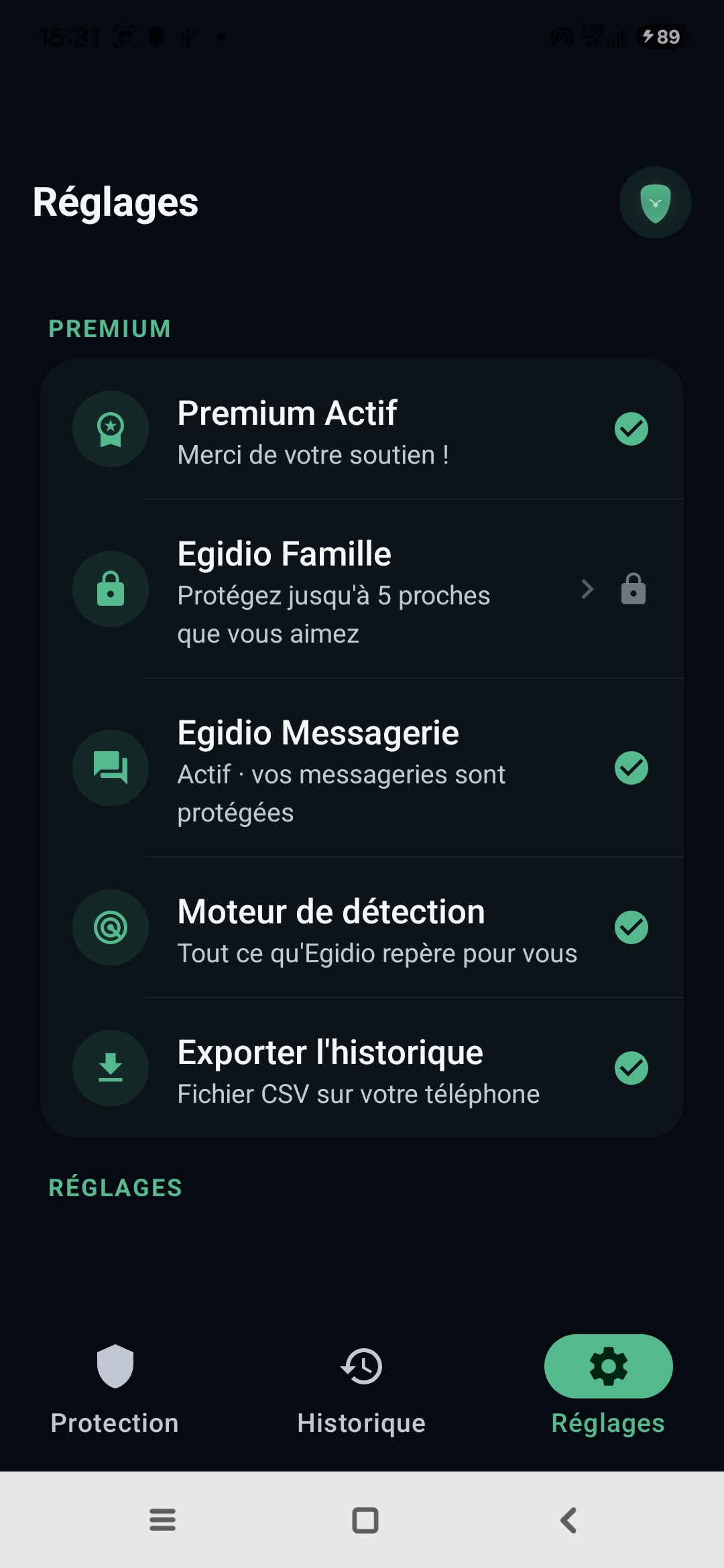 Réglages Egidio : Premium actif, mode Famille, messagerie protégée, moteur de détection