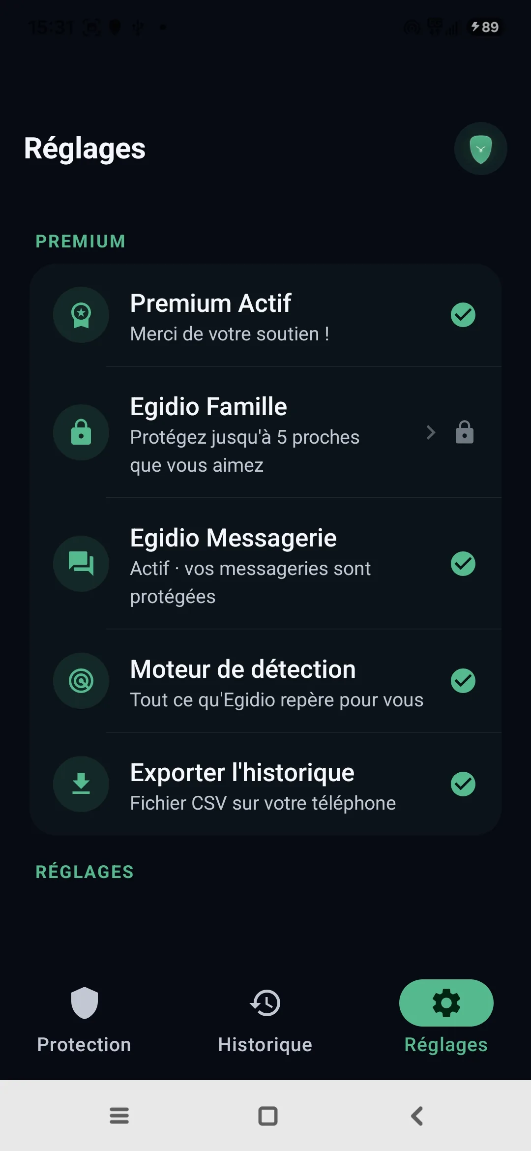 Réglages Egidio : Premium actif, mode Famille, messagerie protégée, moteur de détection