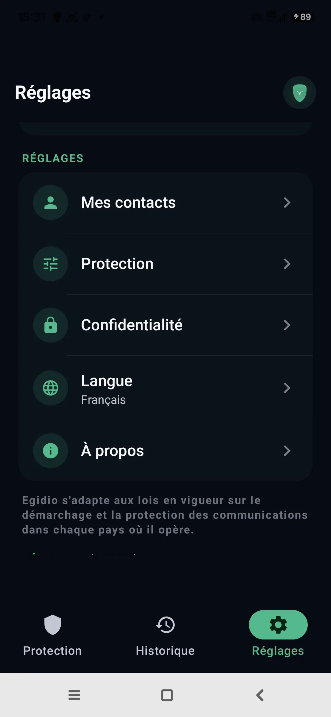 Réglages Egidio : contacts, protection, confidentialité, langue, à propos