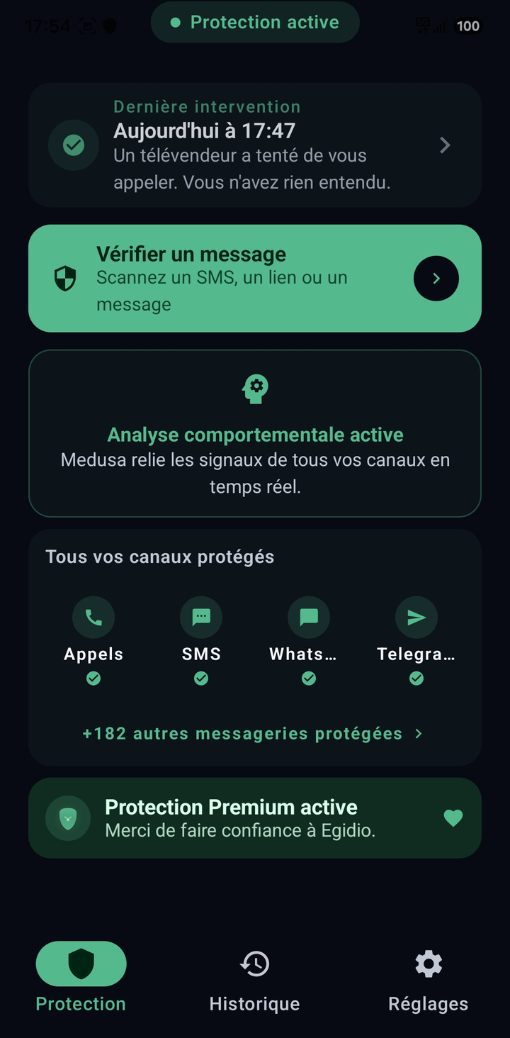 Egidio's main screen: the Living Shield connected to your channels, protection active