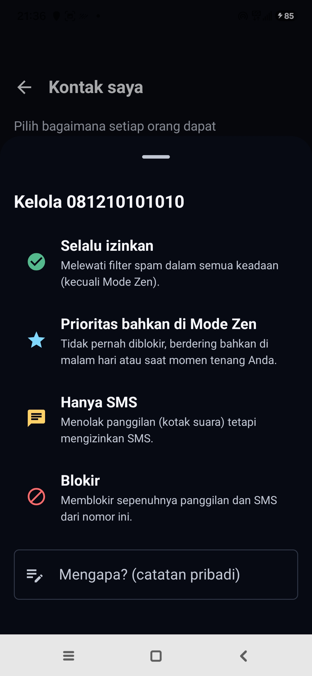 Layar Kontak saya Egidio: mengelola sebuah nomor dengan pilihan Selalu izinkan, Prioritas bahkan di Mode Zen, Hanya SMS, Blokir