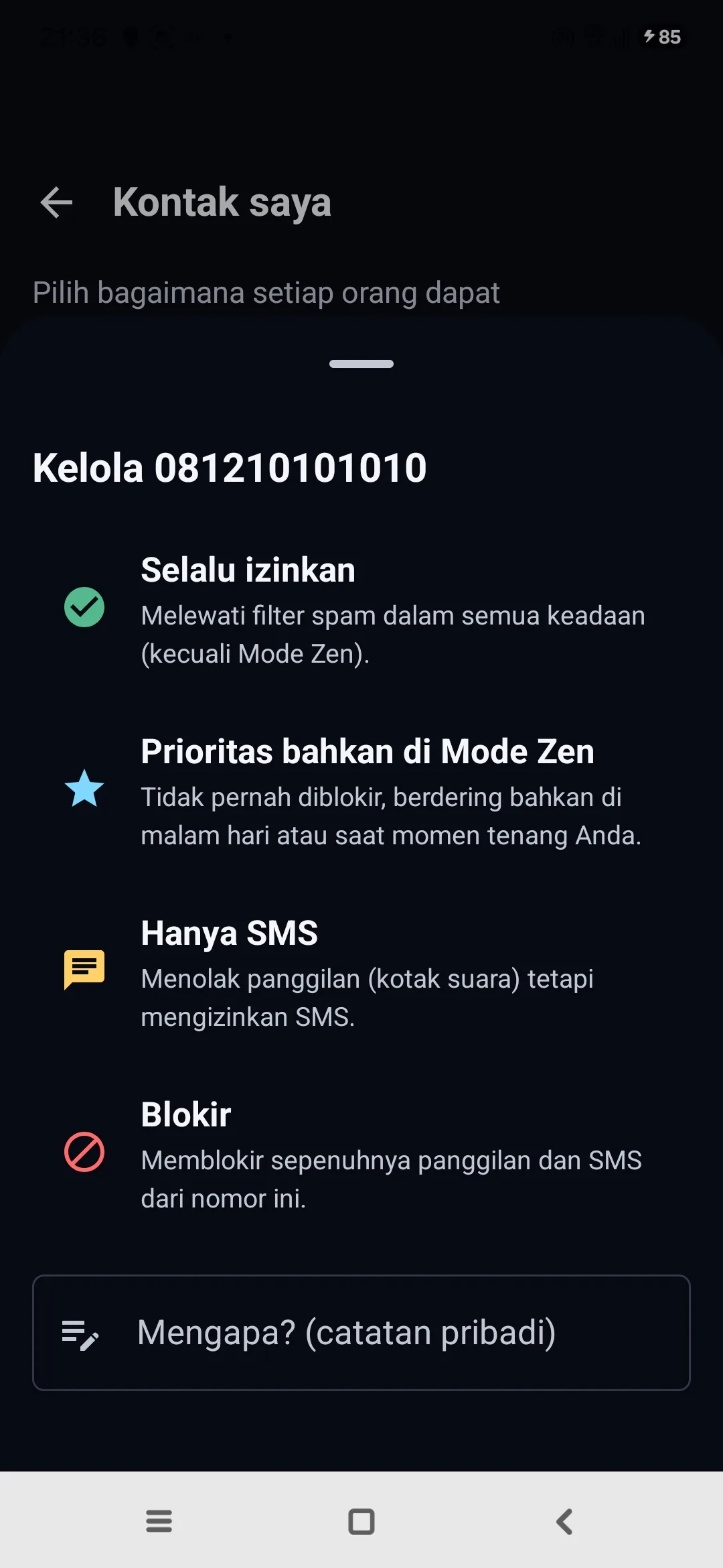 Layar Kontak saya Egidio: untuk setiap nomor, selalu izinkan, prioritas bahkan di Mode Zen, atau blokir