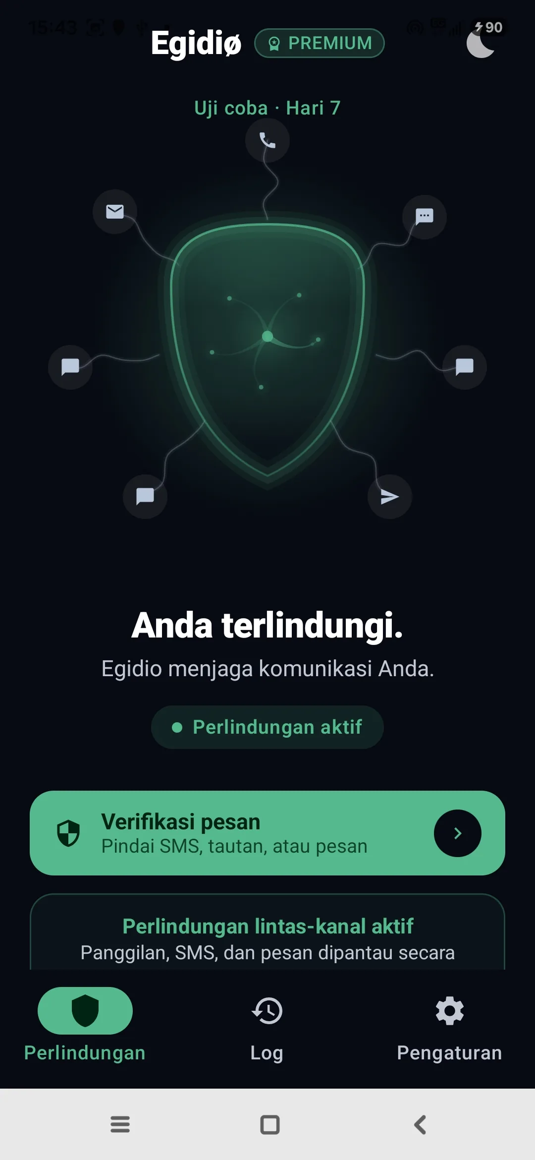 Layar utama asli aplikasi Egidio, dengan perisai Medusa aktif