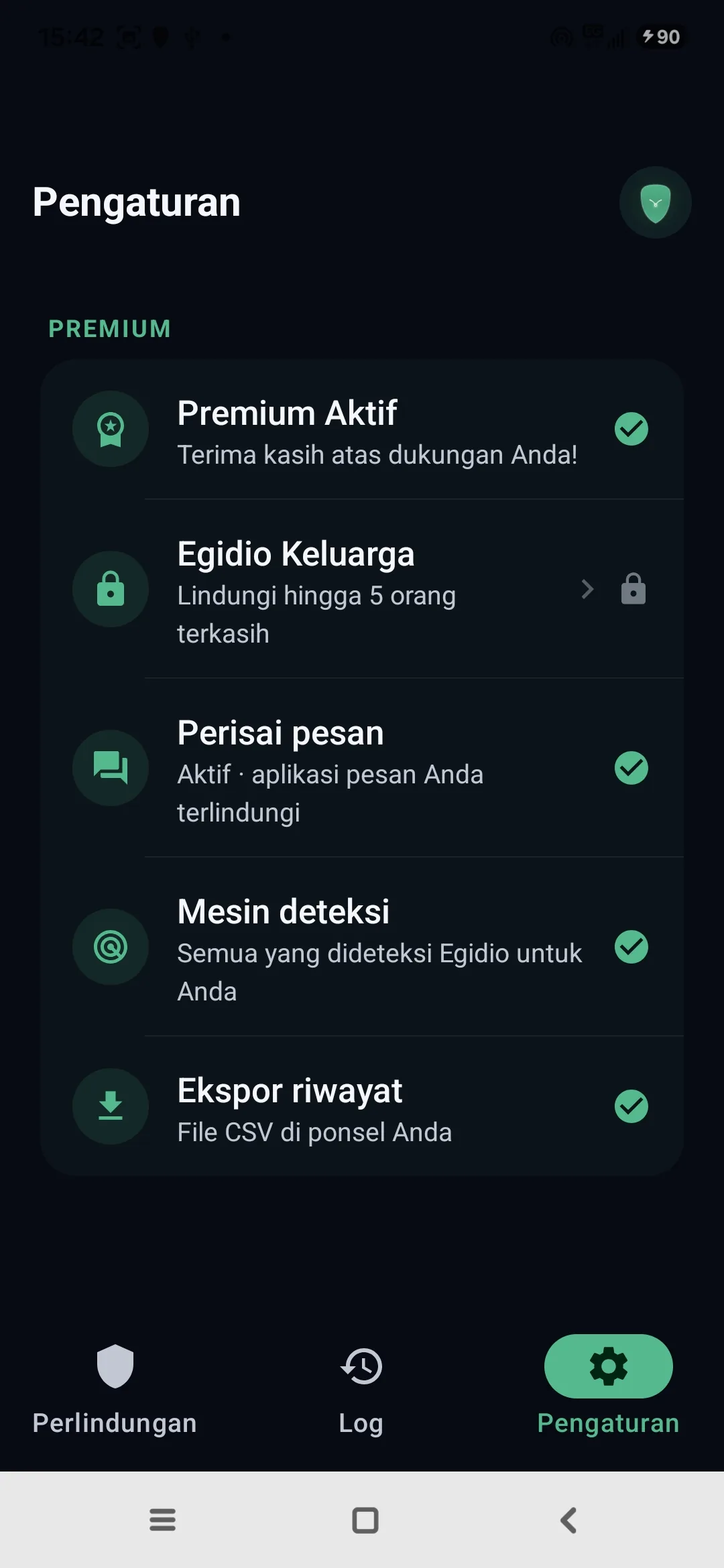 Pengaturan Egidio: Premium aktif, mode Keluarga, pesan terlindungi, mesin deteksi