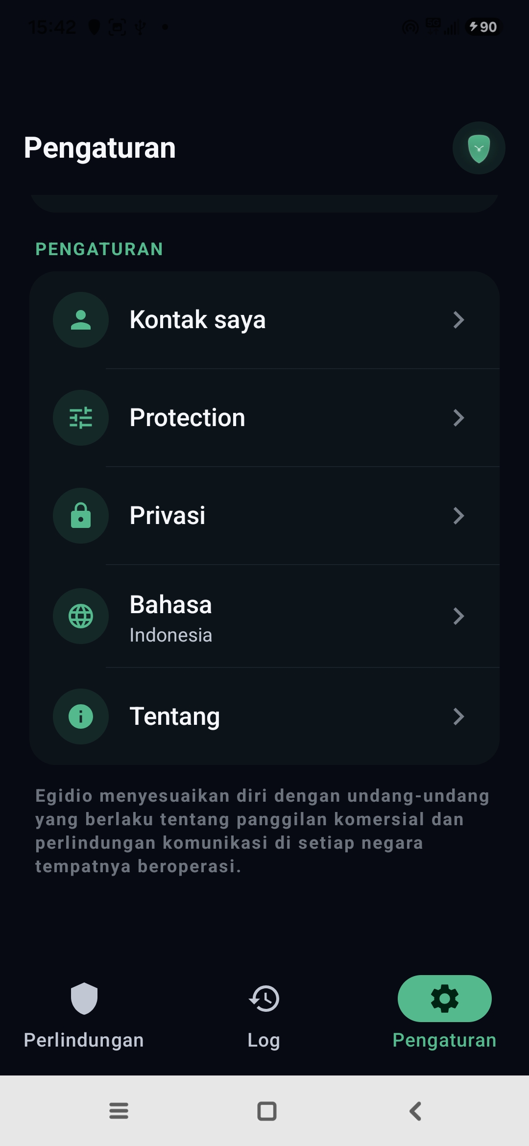 Pengaturan Egidio: kontak, perlindungan, privasi, bahasa, tentang
