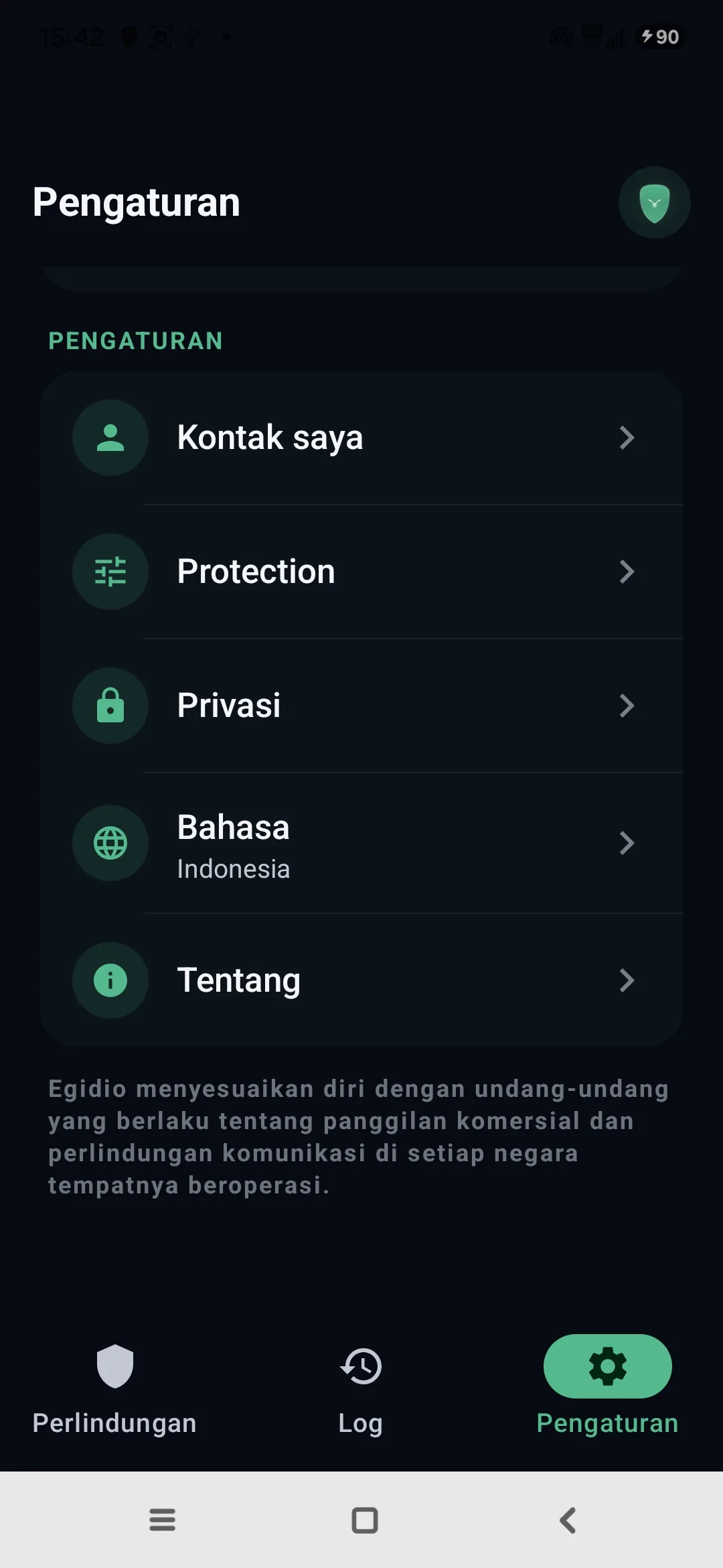 Pengaturan Egidio: kontak, perlindungan, privasi, bahasa, tentang