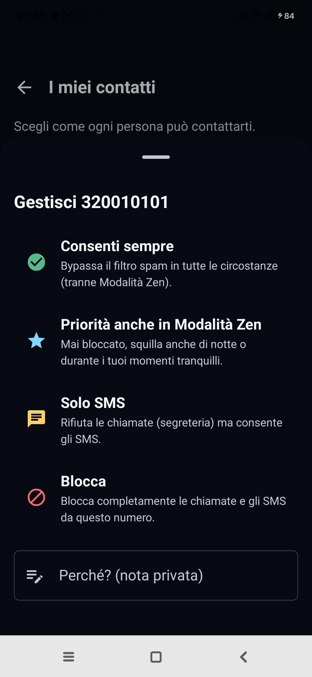Schermata I miei contatti di Egidio: gestione di un numero con le opzioni Consenti sempre, Priorità anche in Modalità Zen, Solo SMS, Blocca