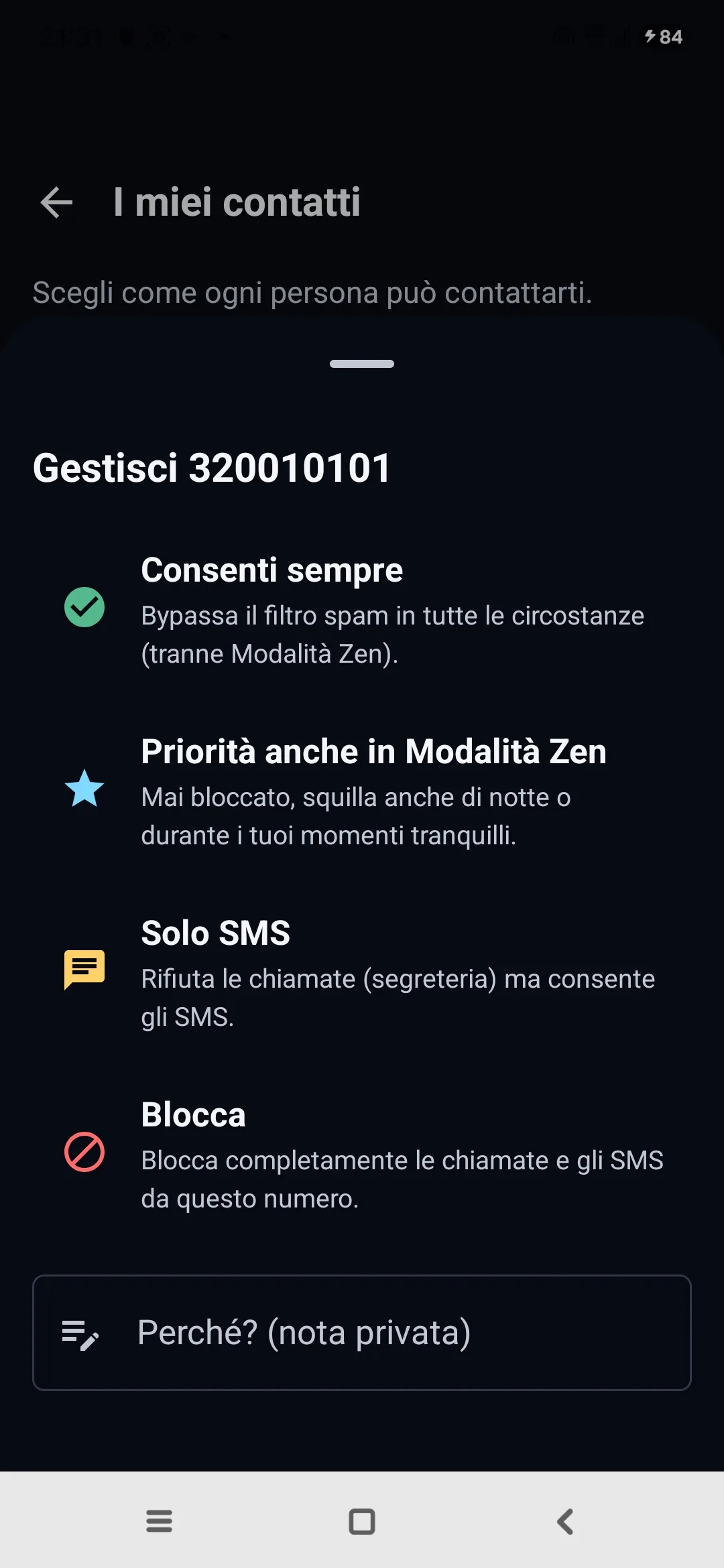 Schermata I miei contatti di Egidio: per ogni numero, Consenti sempre, Priorità anche in Modalità Zen, o Blocca