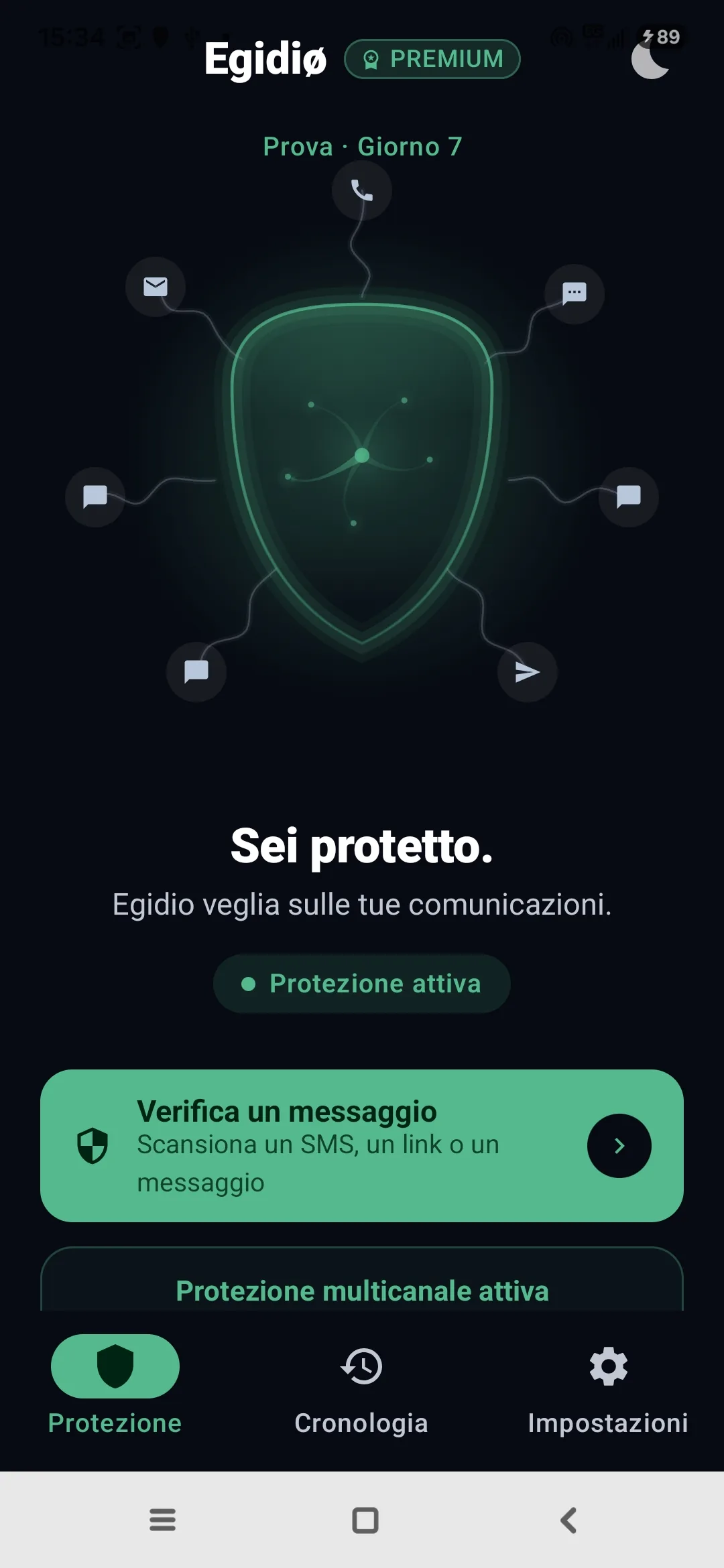 Schermata iniziale reale dell'app Egidio, con lo scudo Medusa attivo